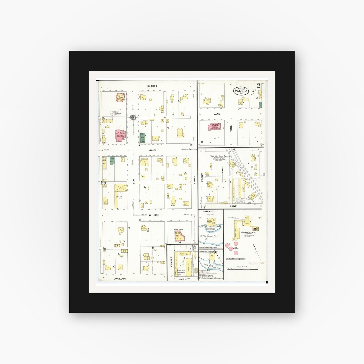Old map wall art mockup β black gallery frame with white mat β Sanborn Fire Insurance Map from Panora, Guthrie County, Iowa (1909), Sheet #0002