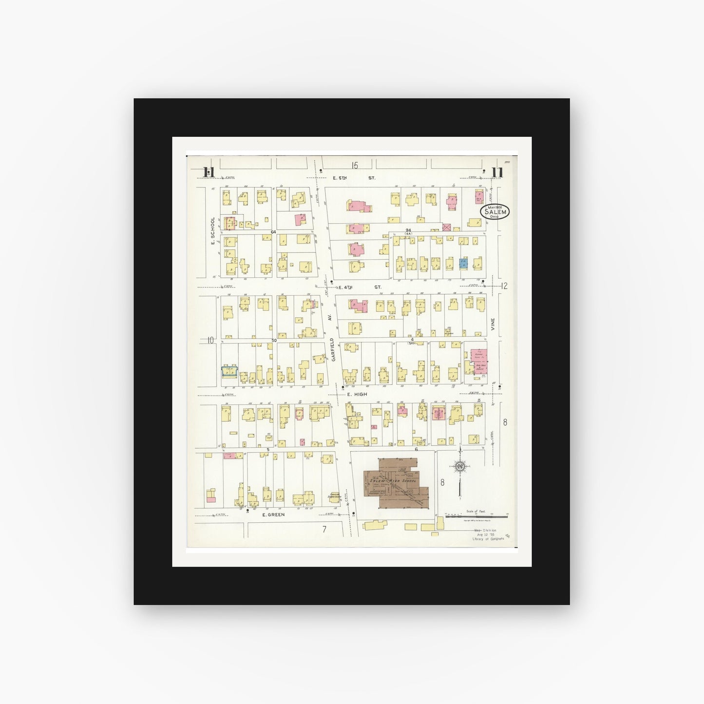 Old map wall art mockup — black gallery frame with white mat — Sanborn Fire Insurance Map from Salem, Columbiana County, Ohio (1926), Sheet #0011