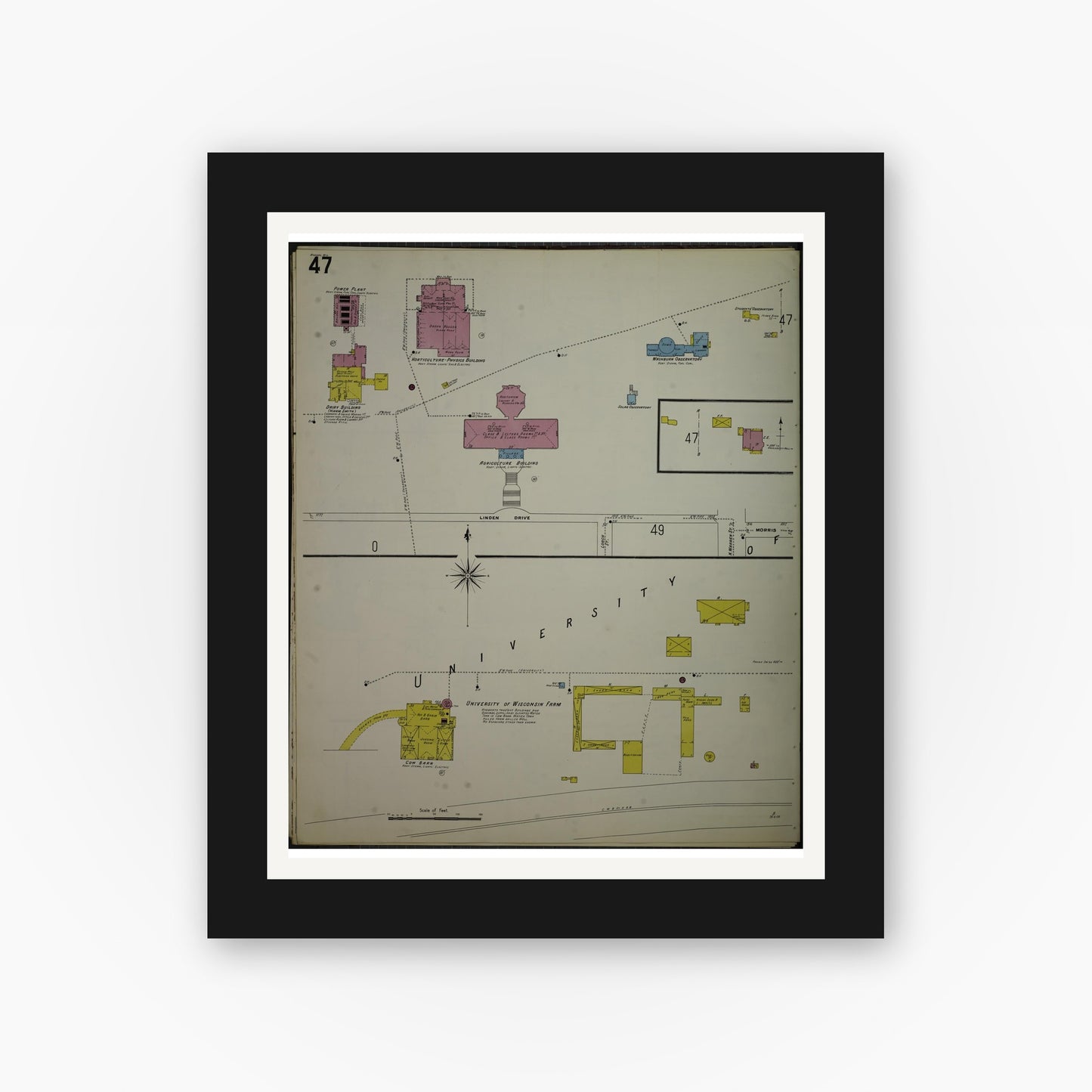 Old map wall art mockup — black gallery frame with white mat — Sanborn Fire Insurance Map from Madison, Dane County, Wisconsin (1908), Sheet #0047