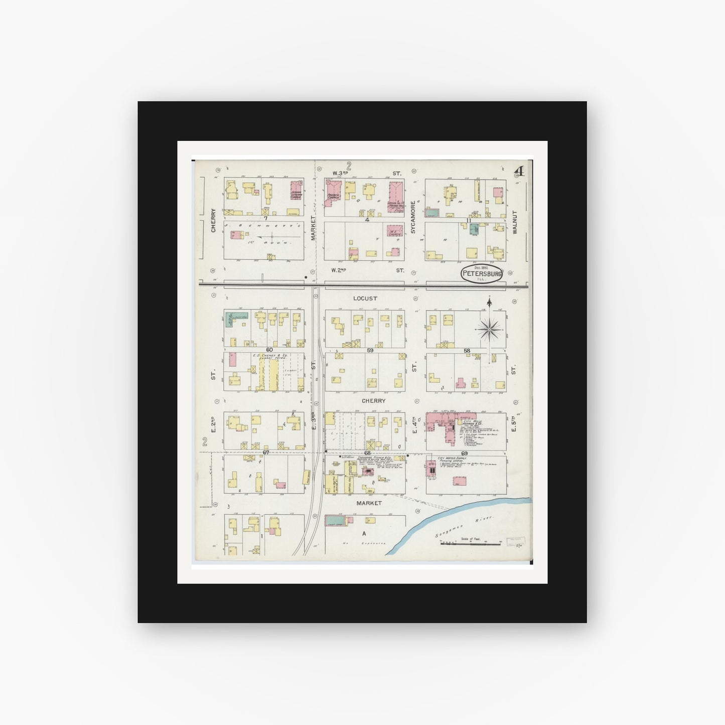 Old map wall art mockup — black gallery frame with white mat — Sanborn Fire Insurance Map from Petersburg, Menard County, Illinois (1892), Sheet #0004