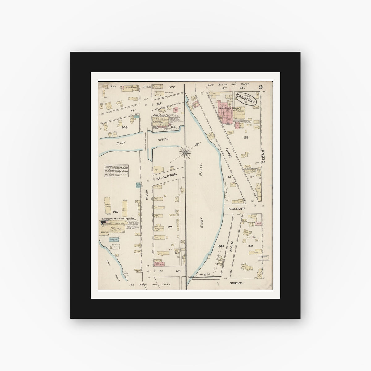 Old map wall art mockup — black gallery frame with white mat — Sanborn Fire Insurance Map from Green Bay, Brown County, Wisconsin (1883), Sheet #0009