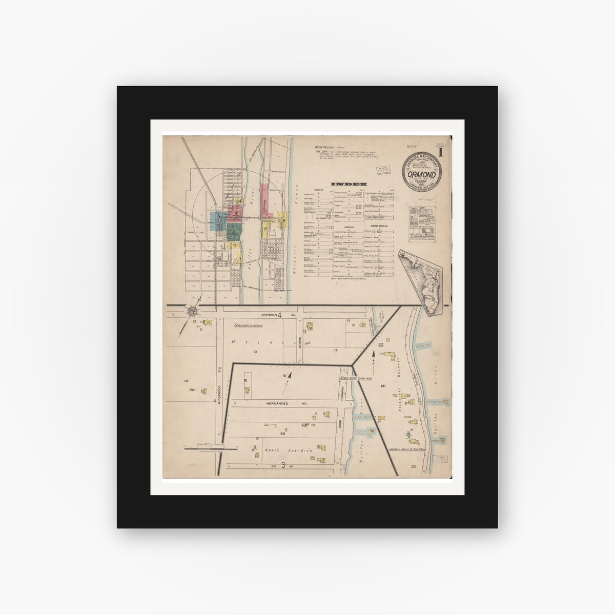 Old map wall art mockup — black gallery frame with white mat — Sanborn Fire Insurance Map from Ormond, Volusia County, Florida (1921) - Complete Map Set