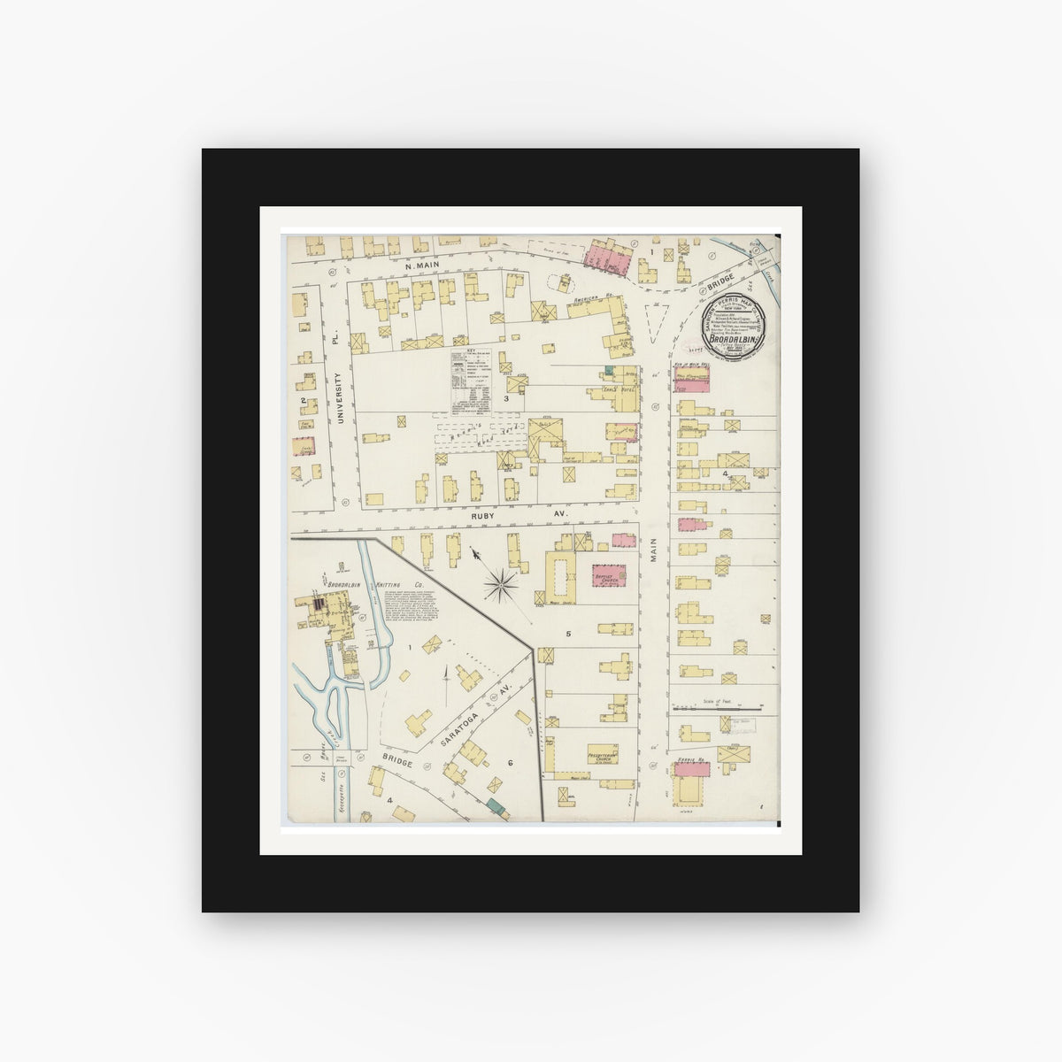 Old map wall art mockup — black gallery frame with white mat — Sanborn Fire Insurance Map from Broadalbin, Fulton County, New York (1894), Sheet #0001
