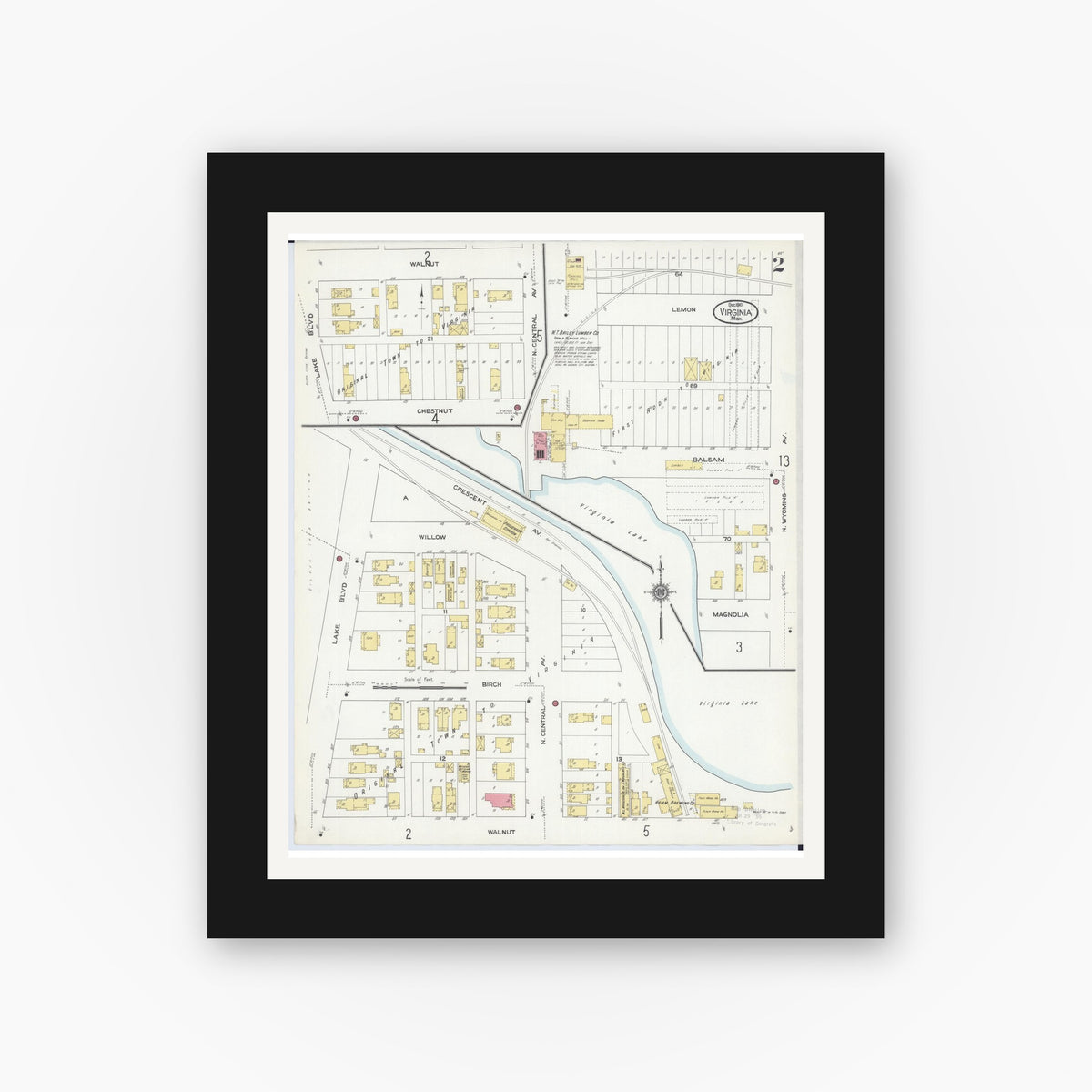Old map wall art mockup — black gallery frame with white mat — Sanborn Fire Insurance Map from Virginia, Saint Louis County, Minnesota (1910), Sheet #0002
