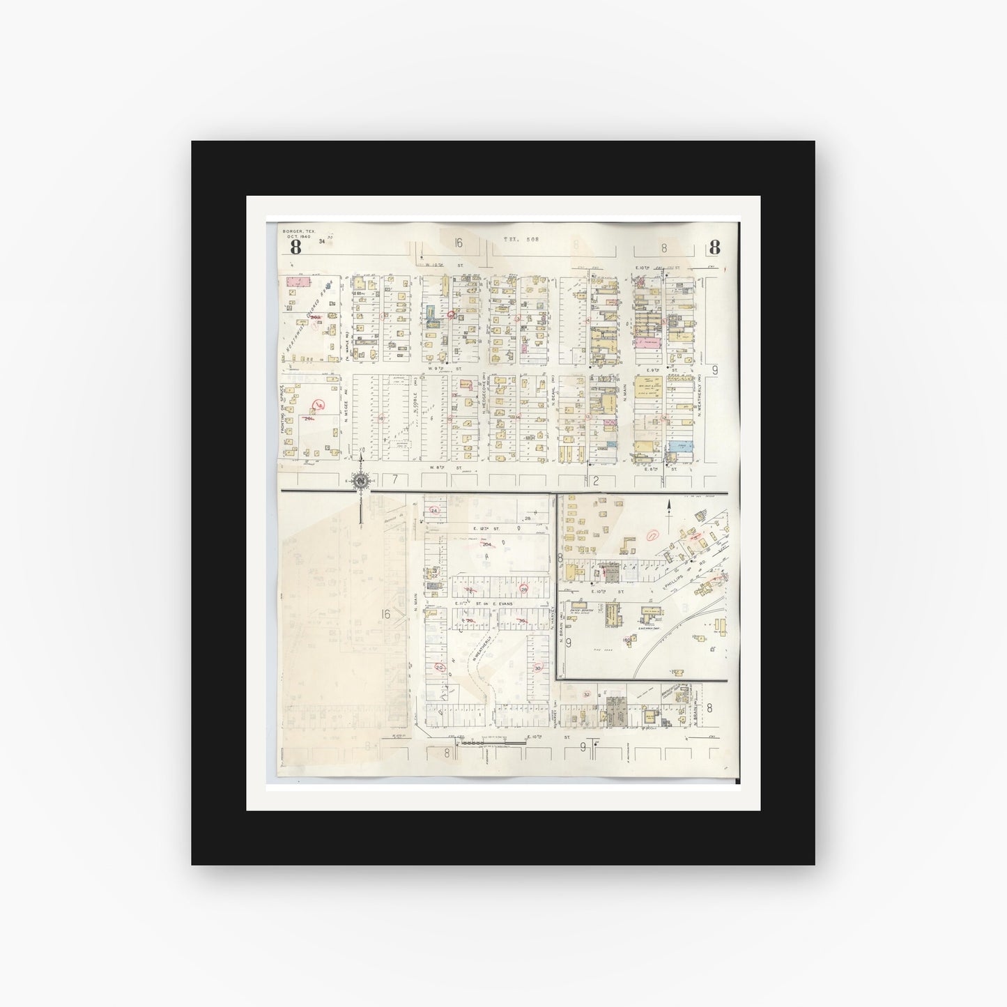 Old map wall art mockup — black gallery frame with white mat — Sanborn Fire Insurance Map from Borger, Hutchinson County, Texas (1950), Sheet #0008