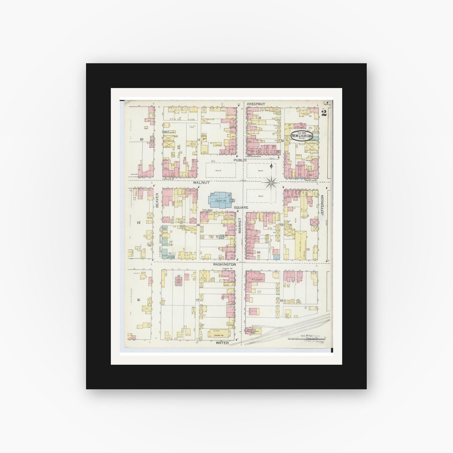 Old map wall art mockup — black gallery frame with white mat — Sanborn Fire Insurance Map from New Lisbon, Columbiana County, Ohio (1893), Sheet #0002