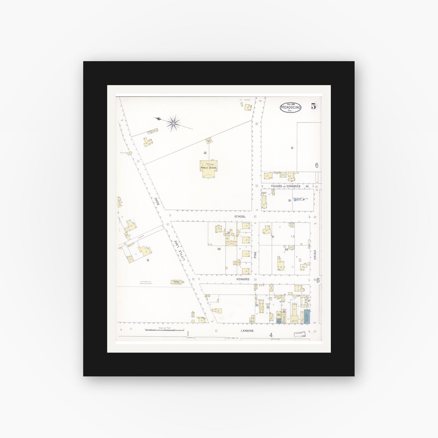Old map wall art mockup — black gallery frame with white mat — Sanborn Fire Insurance Map from Mendocino, Mendocino County, California (1898), Sheet #0005