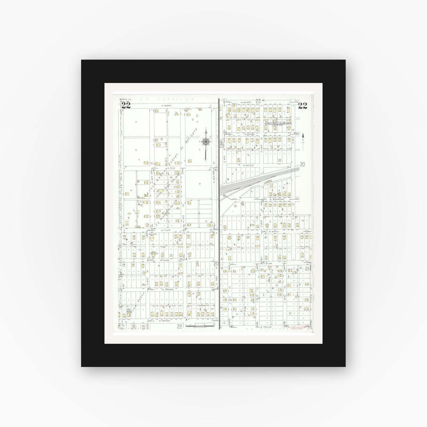 Old map wall art mockup — black gallery frame with white mat — Sanborn Fire Insurance Map from Herrin, Williamson County, Illinois (1941), Sheet #0022