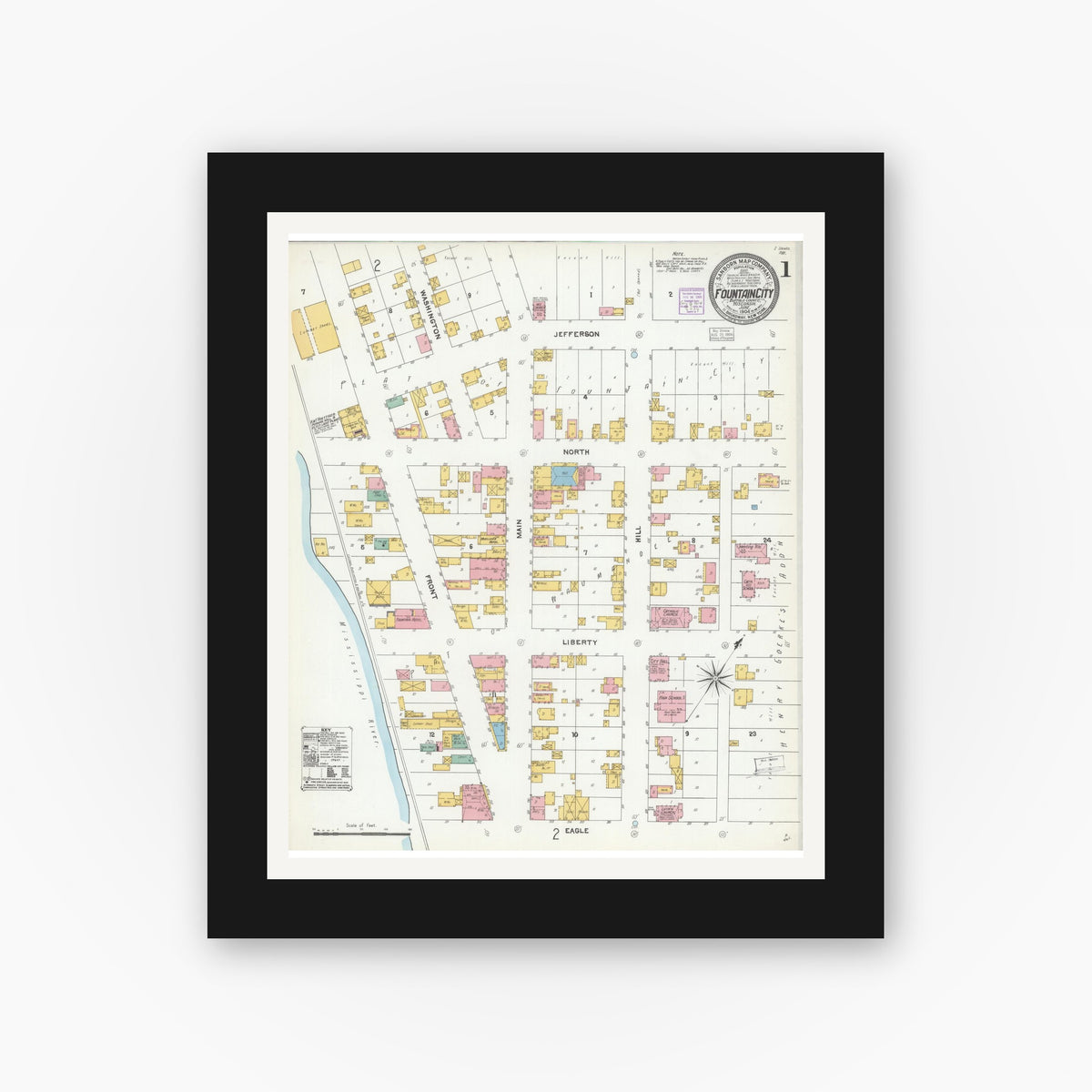 Old map wall art mockup — black gallery frame with white mat — Sanborn Fire Insurance Map from Fountain City, Buffalo County, Wisconsin (1904) - Complete Map Set