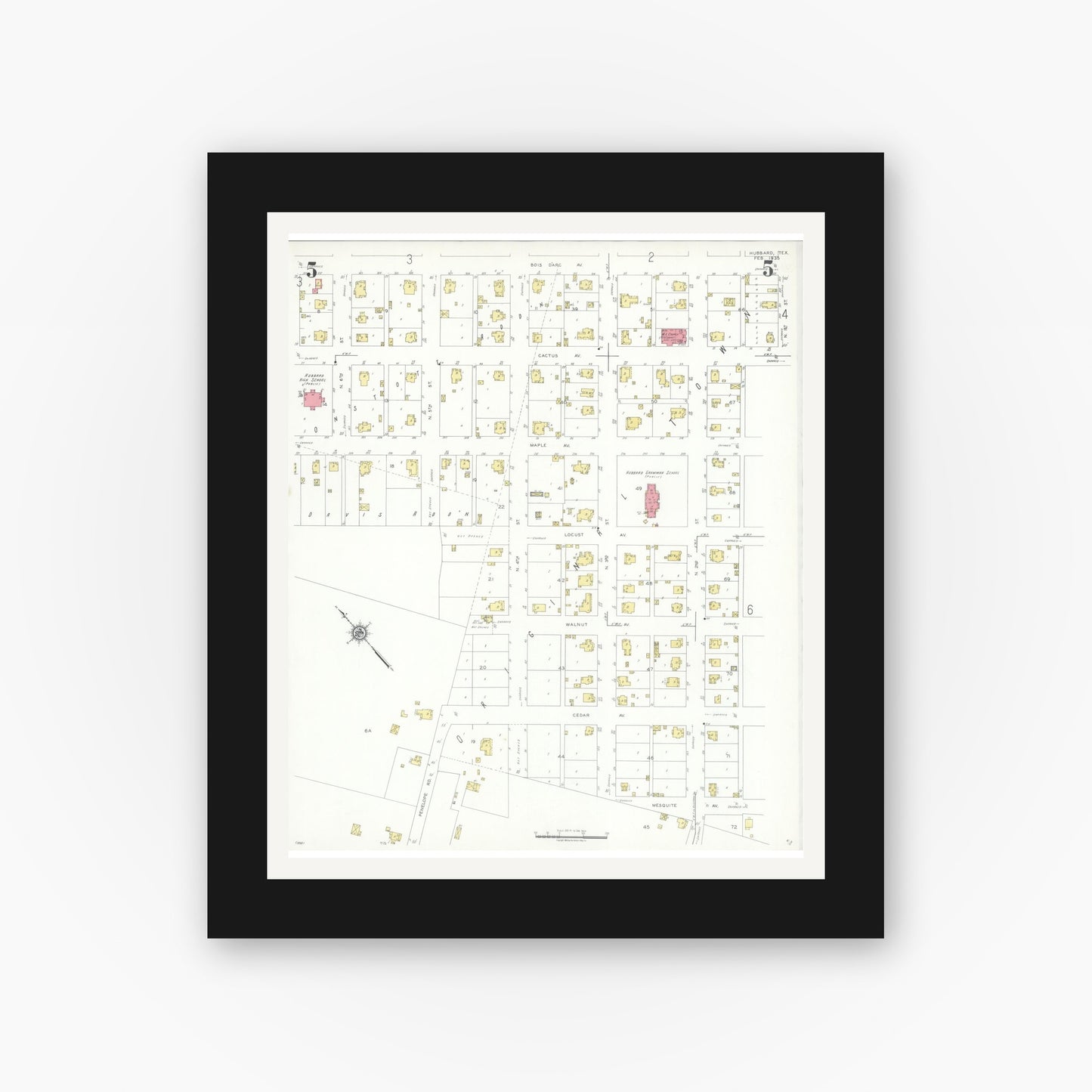 Old map wall art mockup — black gallery frame with white mat — Sanborn Fire Insurance Map from Hubbard, Hill County, Texas (1935), Sheet #0005