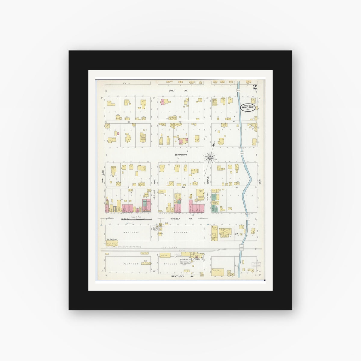Old map wall art mockup — black gallery frame with white mat — Sanborn Fire Insurance Map from Windsor, Shelby County, Illinois (1907), Sheet #0002