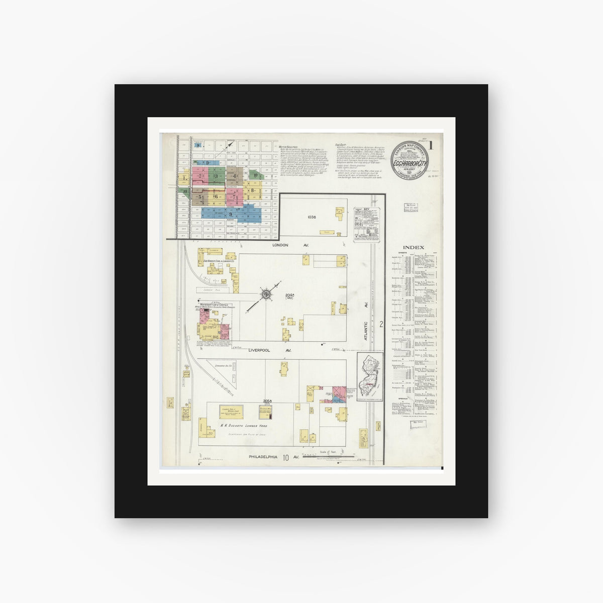 Old map wall art mockup — black gallery frame with white mat — Sanborn Fire Insurance Map from Egg Harbor City, Atlantic County, New Jersey (1917), Sheet #0001