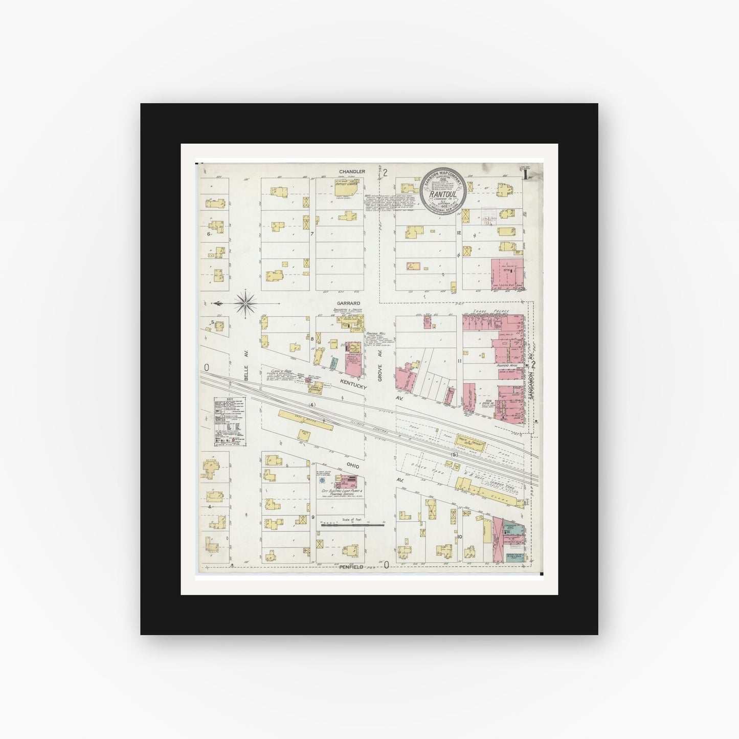 Old map wall art mockup — black gallery frame with white mat — Sanborn Fire Insurance Map from Rantoul, Champaign County, Illinois (1902), Sheet #0001
