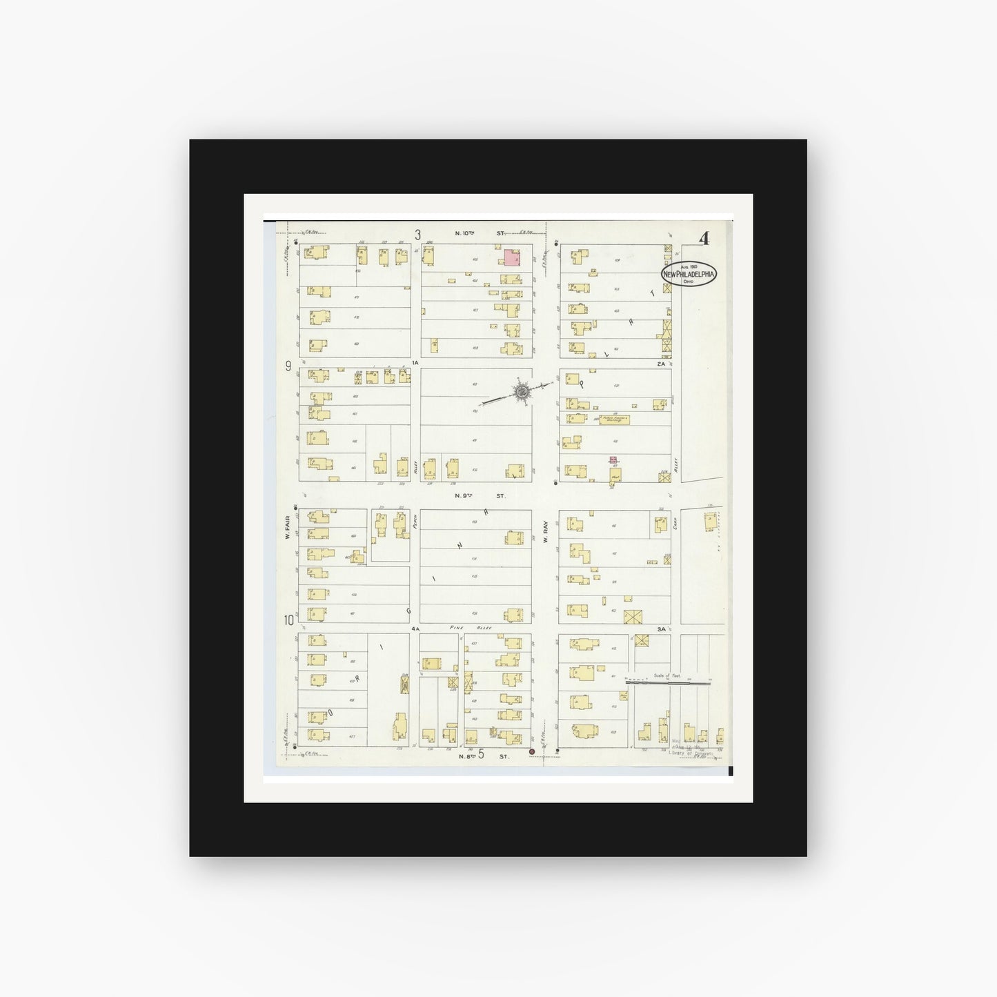Old map wall art mockup — black gallery frame with white mat — Sanborn Fire Insurance Map from New Philadelphia, Tuscarawas County, Ohio (1910), Sheet #0004