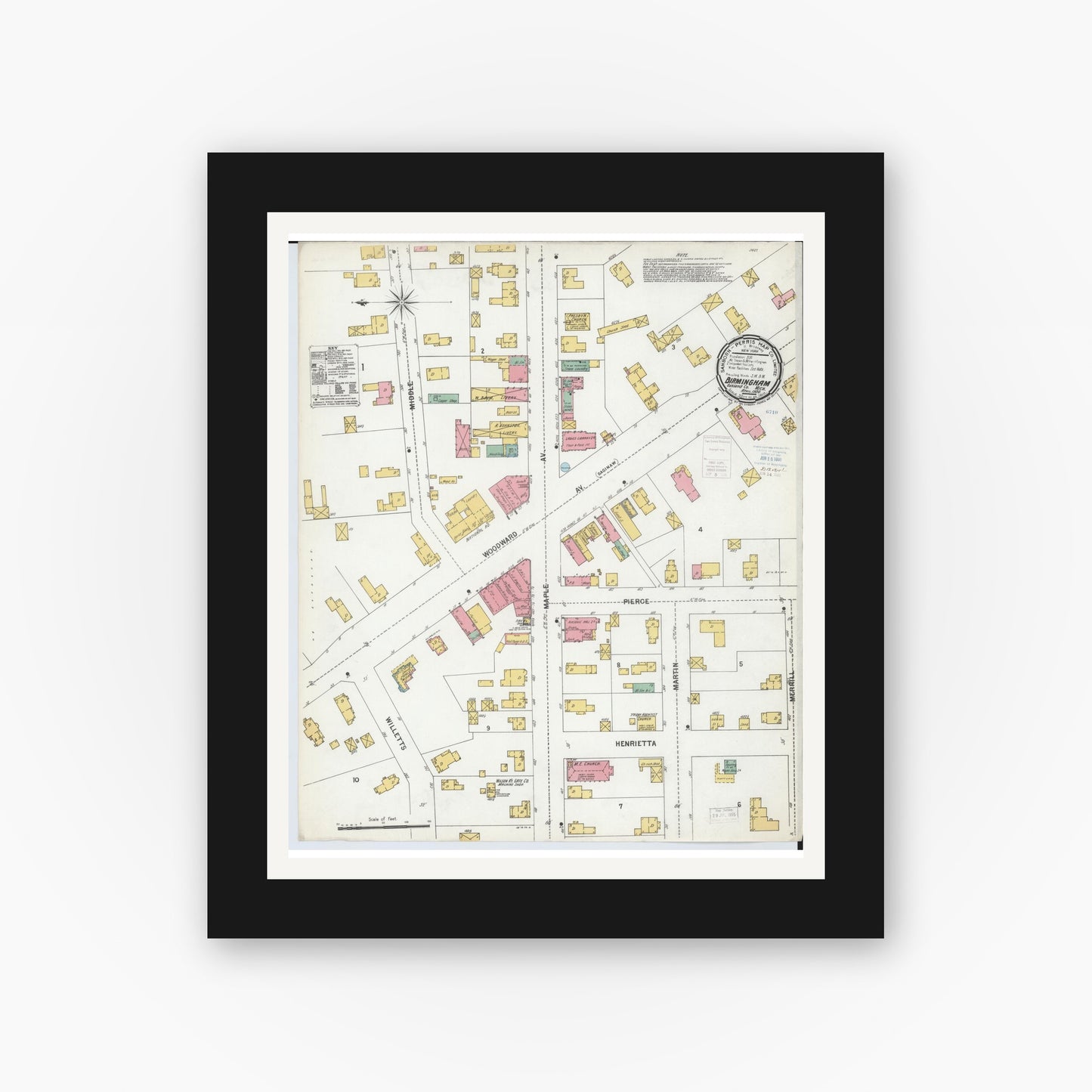 Old map wall art mockup — black gallery frame with white mat — Sanborn Fire Insurance Map from Birmingham, Oakland County, Michigan (1900), Sheet #0001