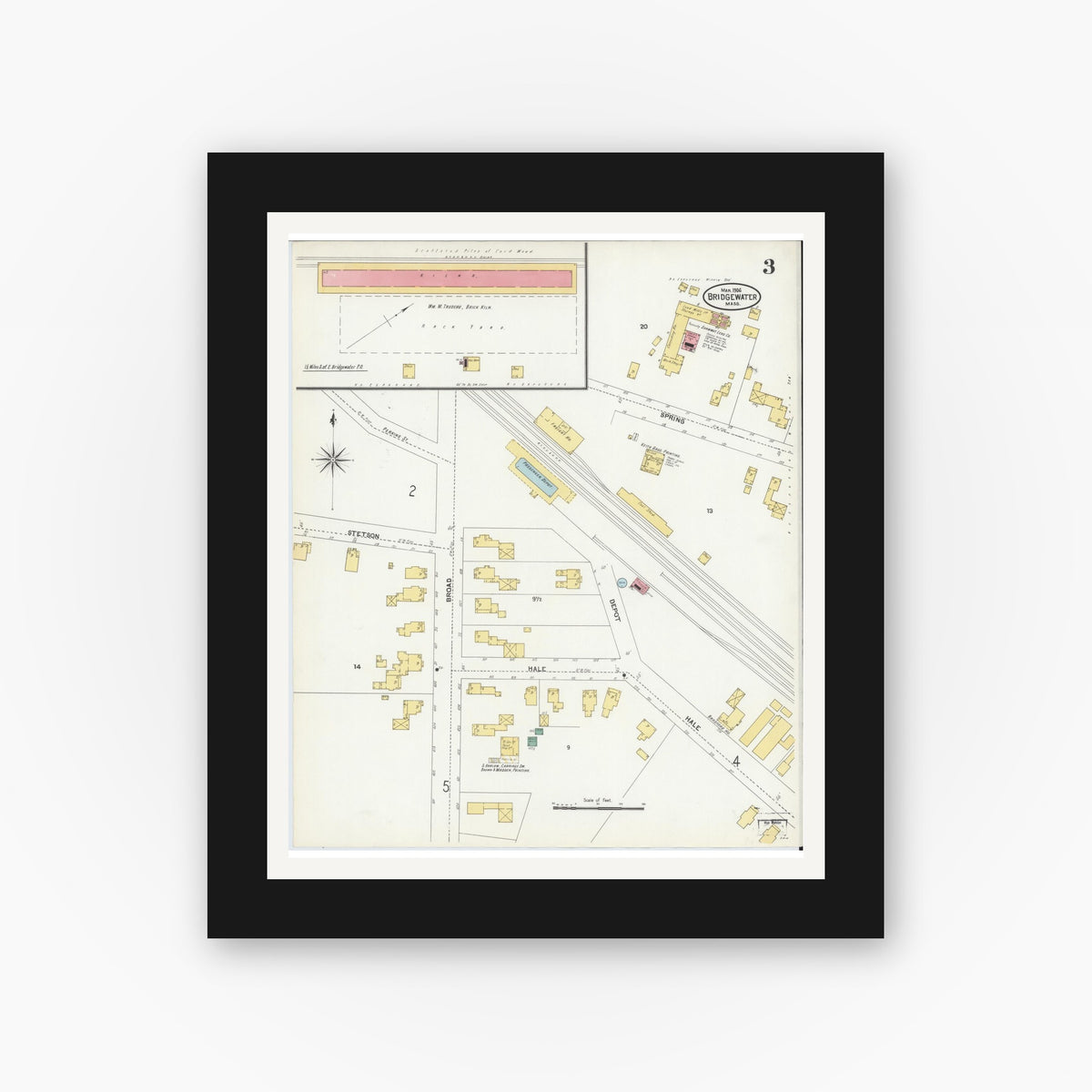 Old map wall art mockup — black gallery frame with white mat — Sanborn Fire Insurance Map from Bridgewater, Plymouth County, Massachusetts (1906), Sheet #0003