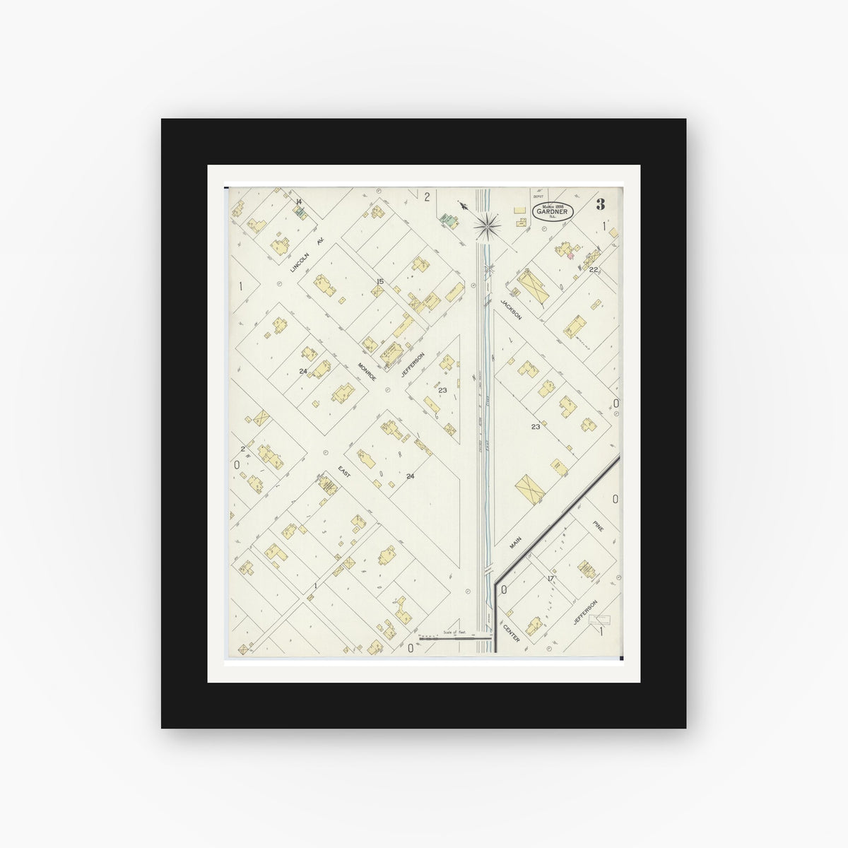 Old map wall art mockup — black gallery frame with white mat — Sanborn Fire Insurance Map from Gardner, Grundy County, Illinois (1898), Sheet #0003