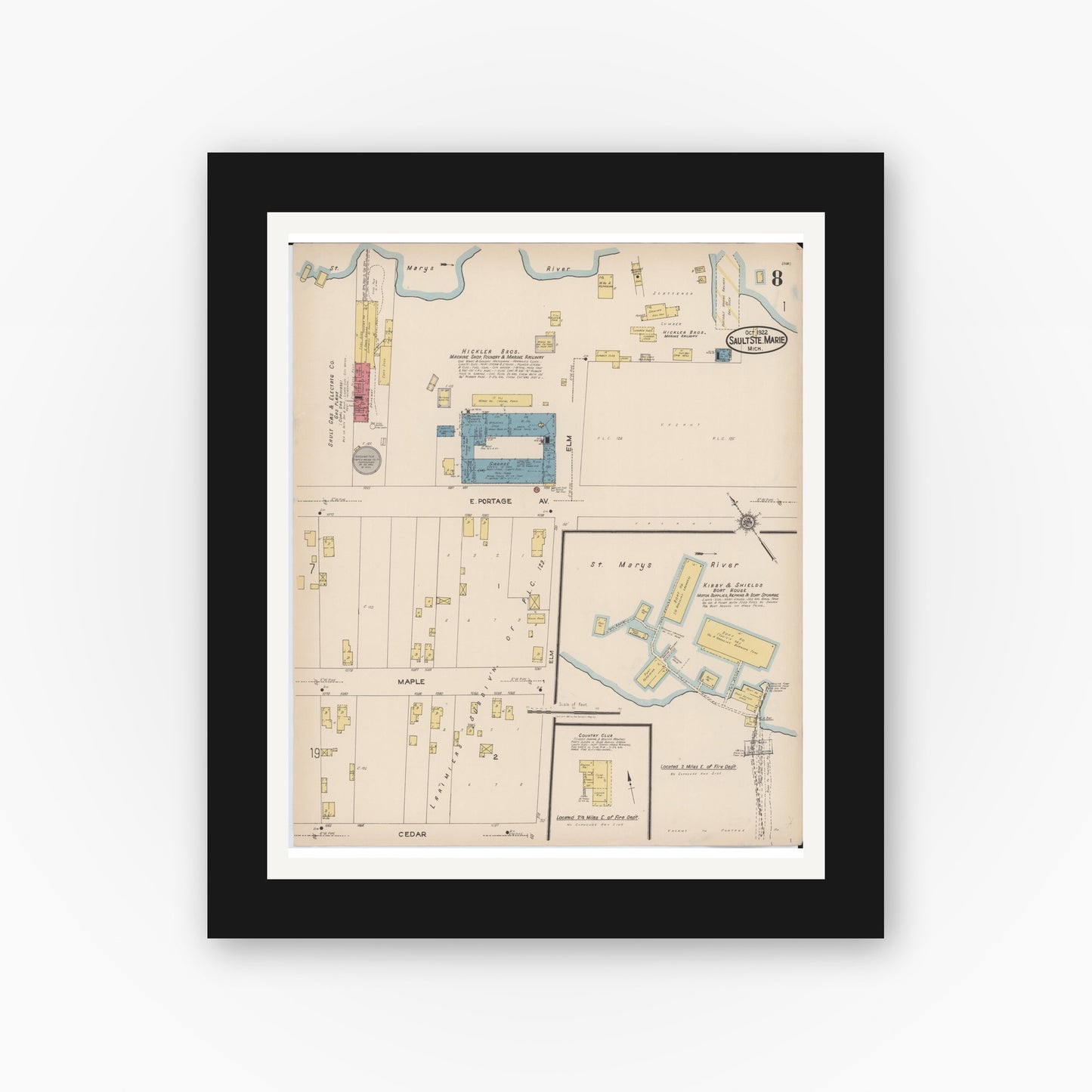 Old map wall art mockup — black gallery frame with white mat — Sanborn Fire Insurance Map from Sault Sainte Marie, Chippewa County, Michigan (1922), Sheet #0008