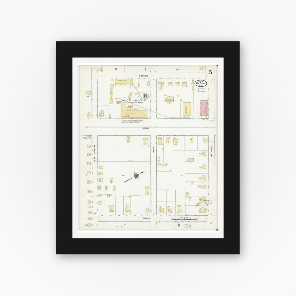 Old map wall art mockup — black gallery frame with white mat — Sanborn Fire Insurance Map from Mount Olive, Wayne County, North Carolina (1912), Sheet #0005