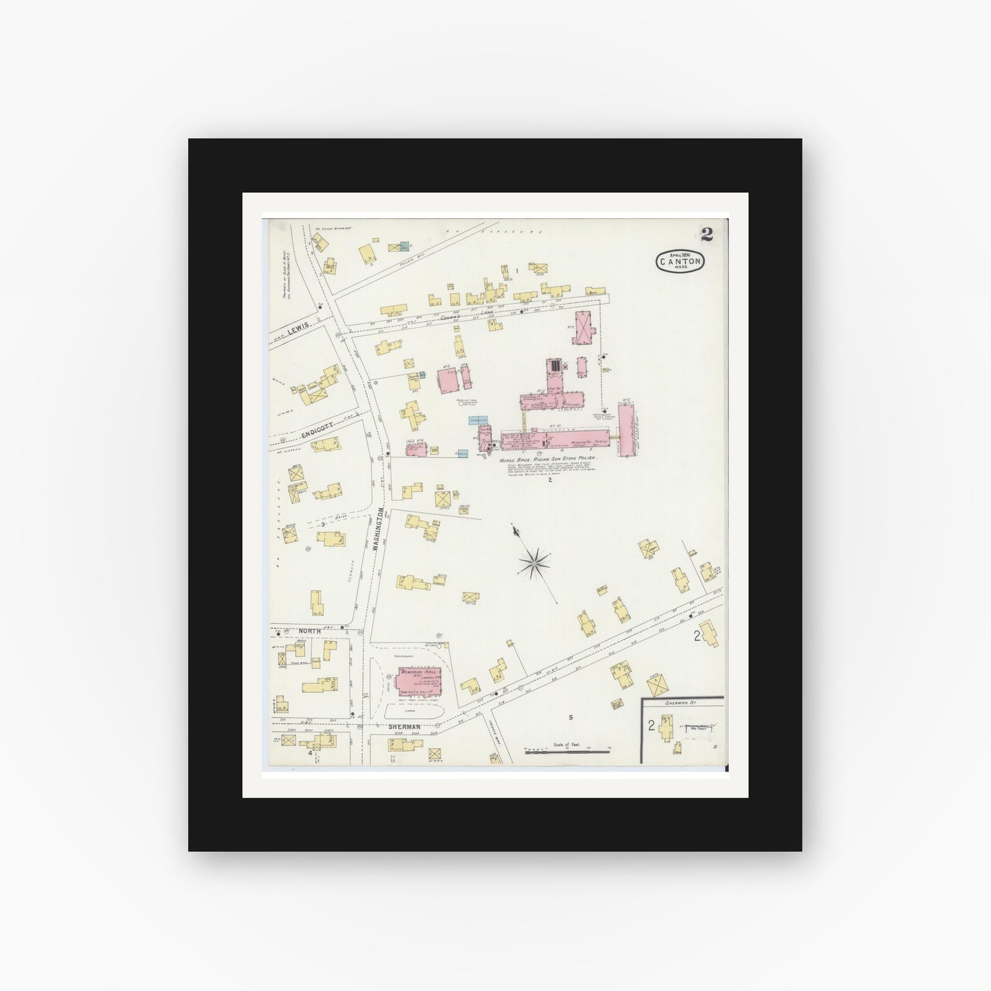 Old map wall art mockup — black gallery frame with white mat — Sanborn Fire Insurance Map from Canton, Norfolk County, Massachusetts (1896), Sheet #0002