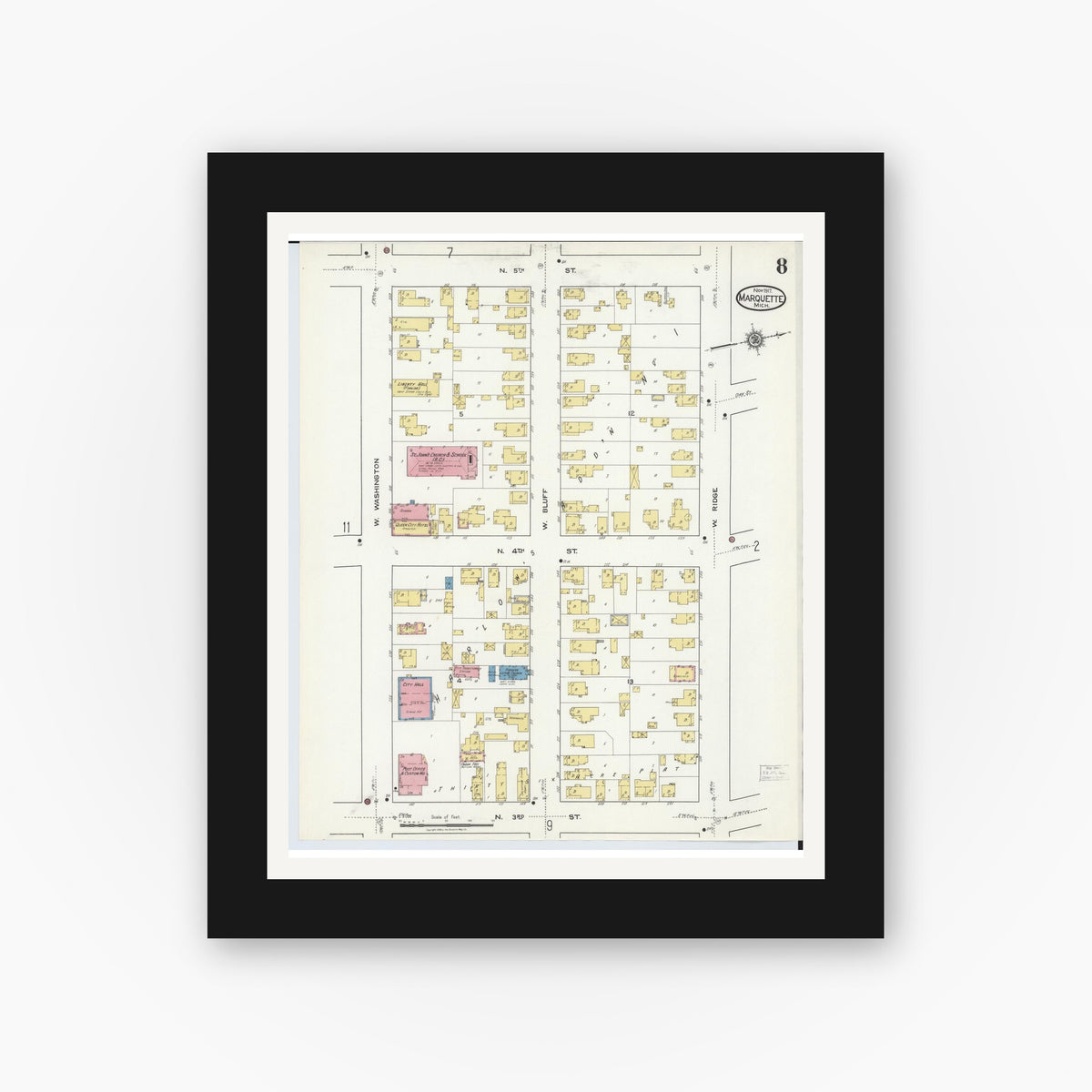 Old map wall art mockup — black gallery frame with white mat — Sanborn Fire Insurance Map from Marquette, Marquette County, Michigan (1917), Sheet #0008