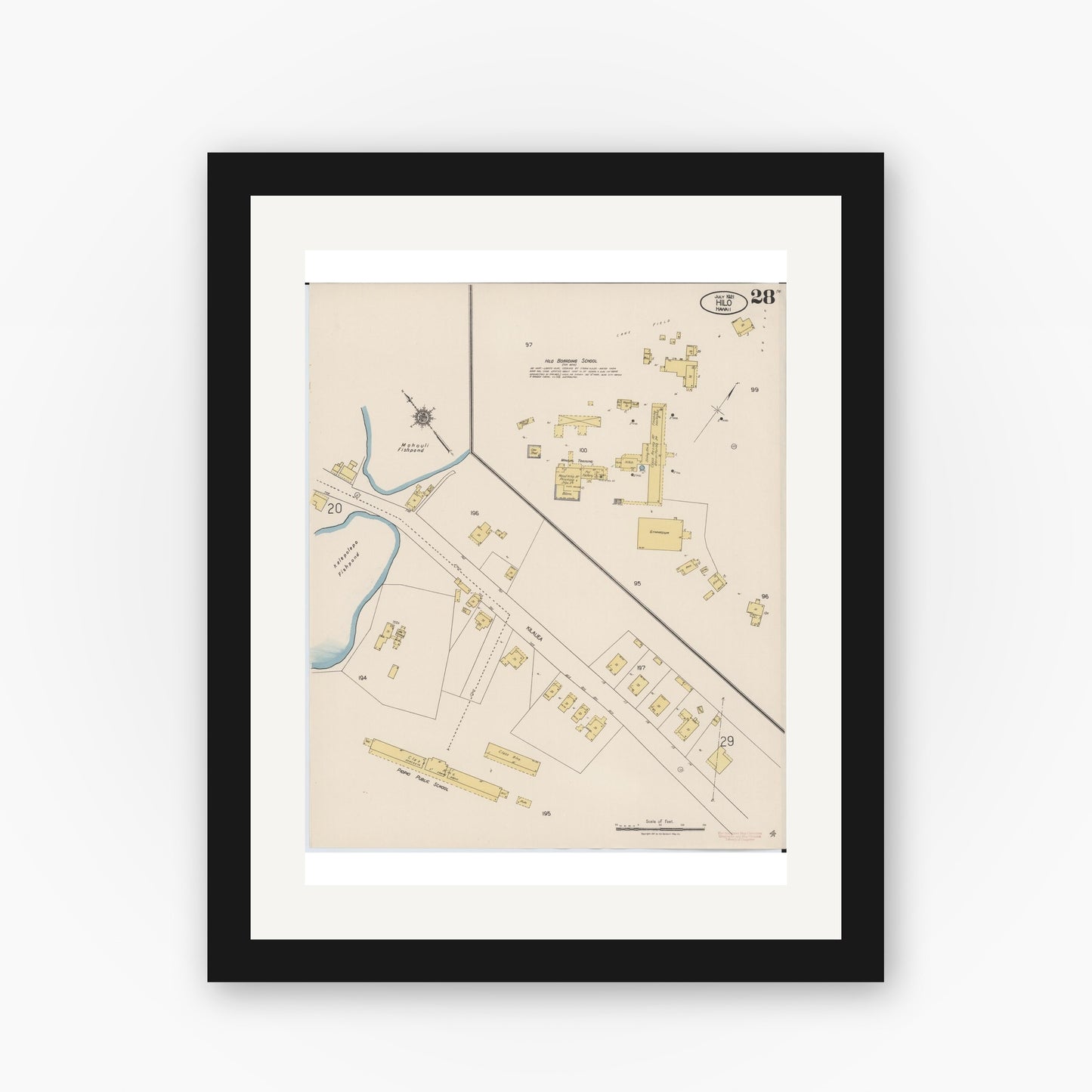 Old map wall art mockup — black gallery frame with white mat — Sanborn Fire Insurance Map from Hilo, Hawaii County, Hawaii (1921), Sheet #0028