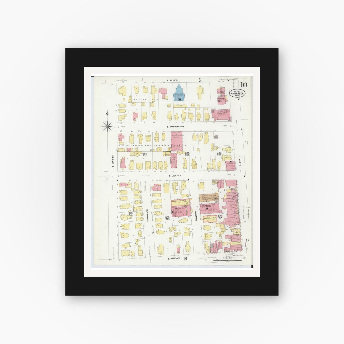 Old map wall art mockup — black gallery frame with white mat — Sanborn Fire Insurance Map from Ann Arbor, Washtenaw County, Michigan (1908), Sheet #0010
