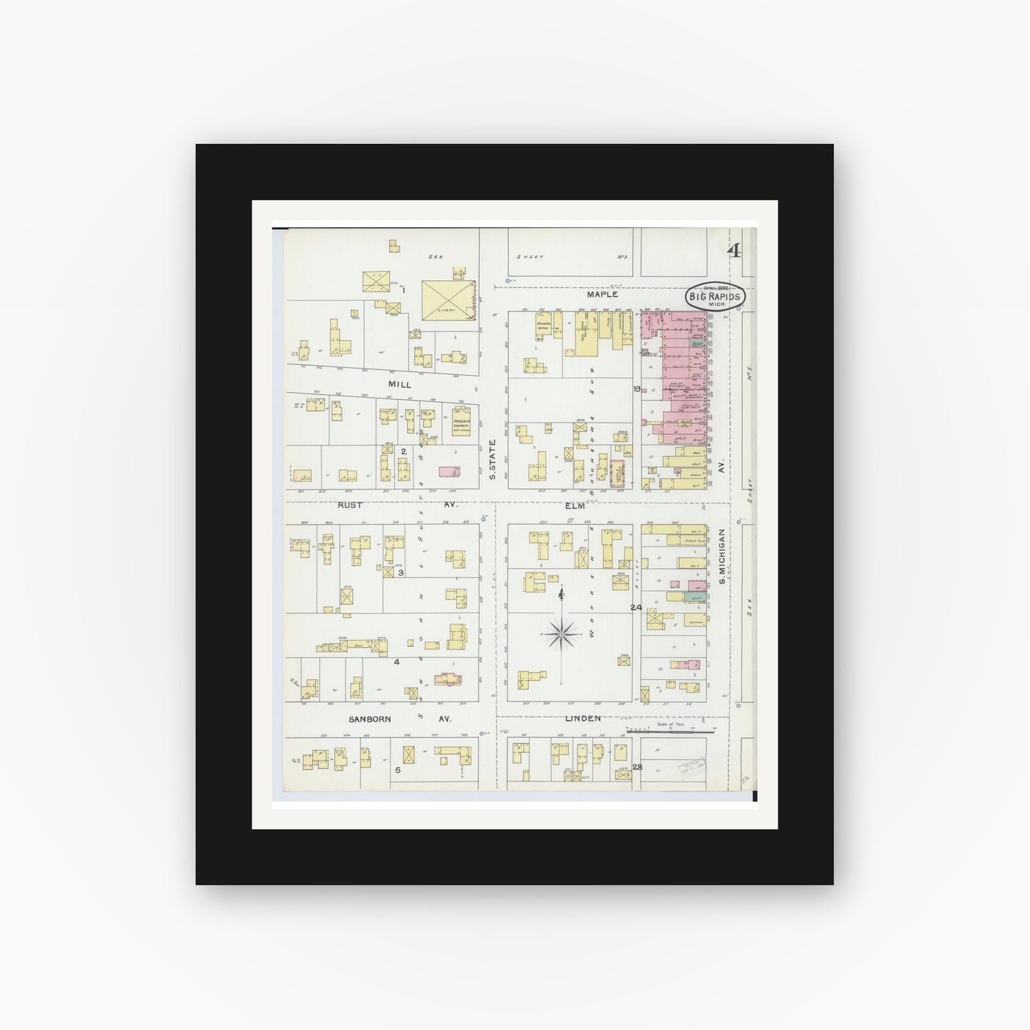 Old map wall art mockup — black gallery frame with white mat — Sanborn Fire Insurance Map from Big Rapids, Mecosta County, Michigan (1892), Sheet #0004