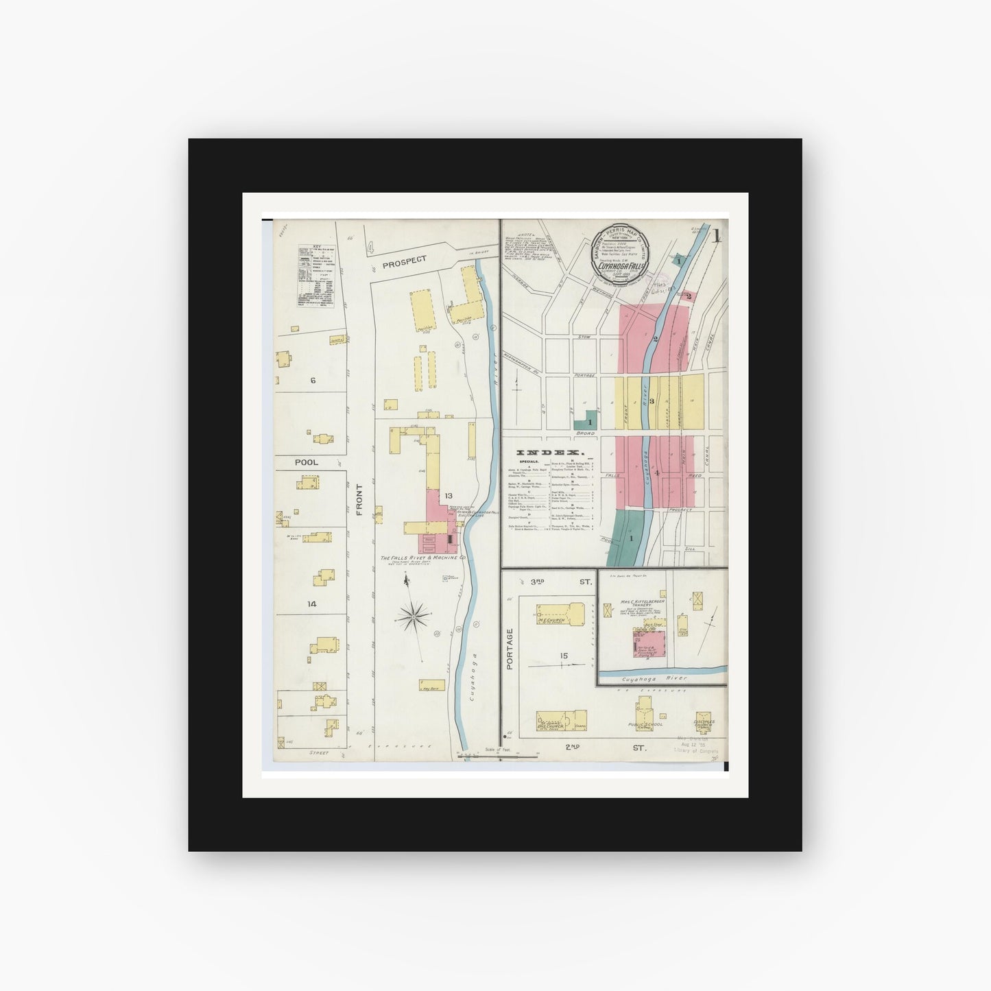 Old map wall art mockup — black gallery frame with white mat — Sanborn Fire Insurance Map from Cuyahoga Falls, Summit County, Ohio (1893), Sheet #0001