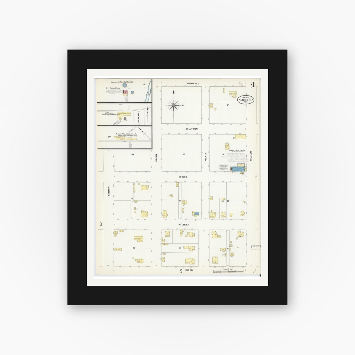 Old map wall art mockup — black gallery frame with white mat — Sanborn Fire Insurance Map from Henrietta, Clay County, Texas (1907), Sheet #0004