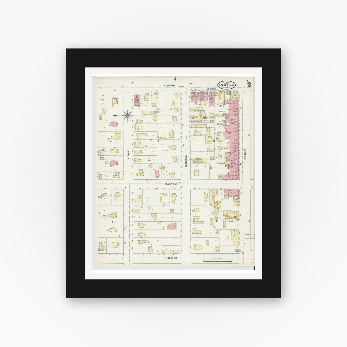 Old map wall art mockup — black gallery frame with white mat — Sanborn Fire Insurance Map from Beaver Dam, Dodge County, Wisconsin (1897), Sheet #0002