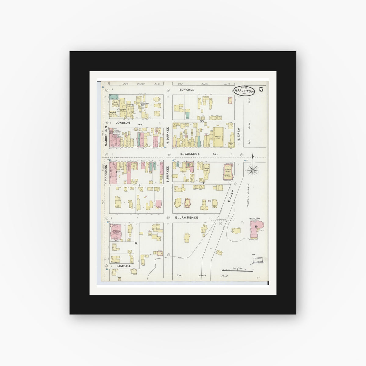 Old map wall art mockup — black gallery frame with white mat — Sanborn Fire Insurance Map from Appleton, Outagamie County, Wisconsin (1891), Sheet #0005