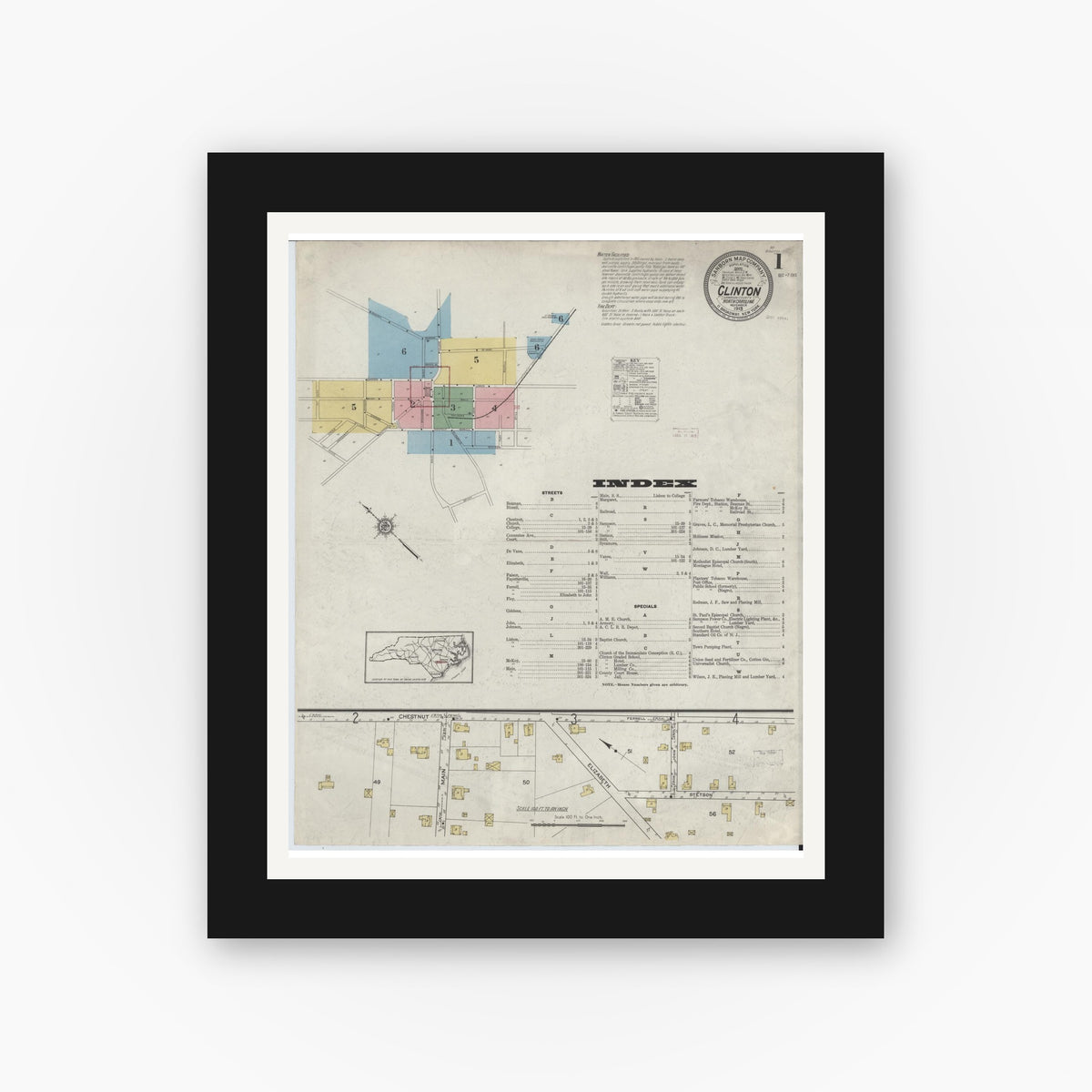 Old map wall art mockup — black gallery frame with white mat — Sanborn Fire Insurance Map from Clinton, Sampson County, North Carolina (1915) - Complete Map Set