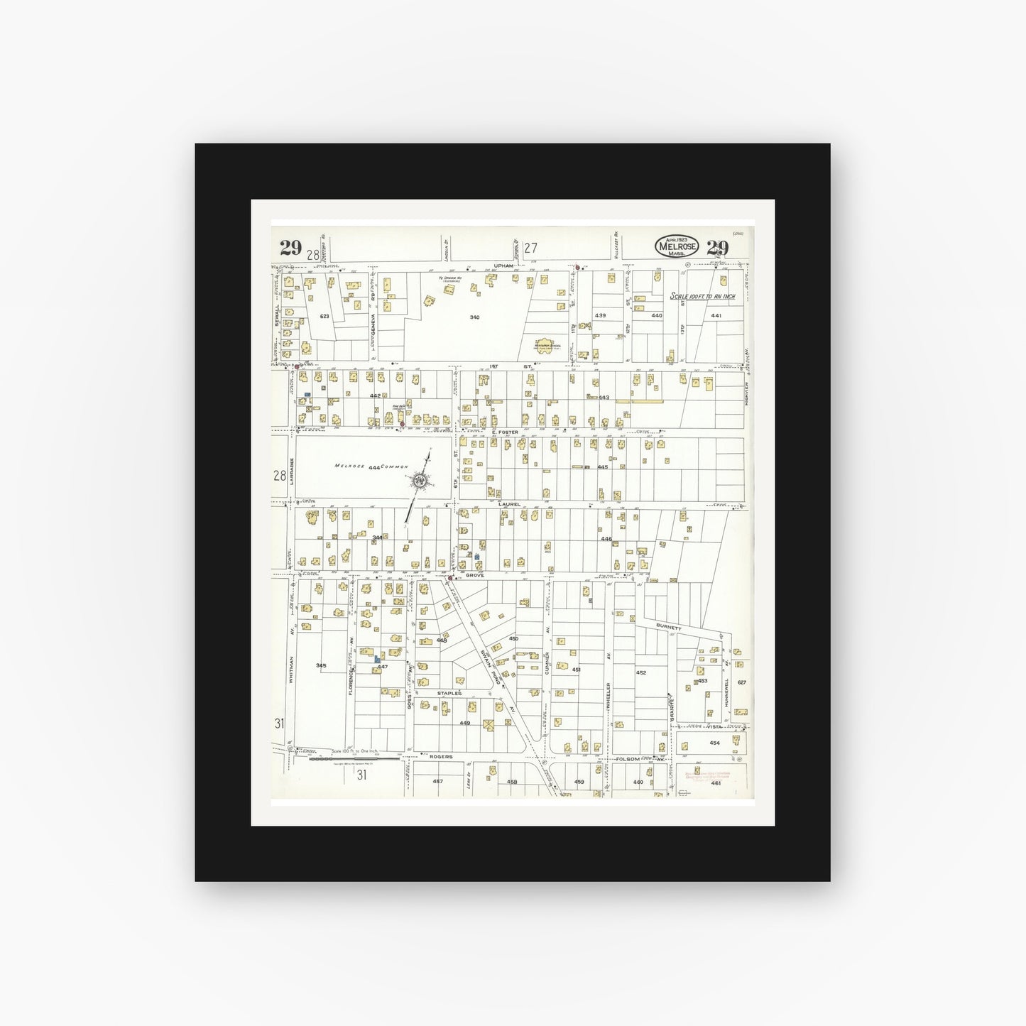 Old map wall art mockup — black gallery frame with white mat — Sanborn Fire Insurance Map from Melrose, Middlesex County, Massachusetts (1923), Sheet #0029