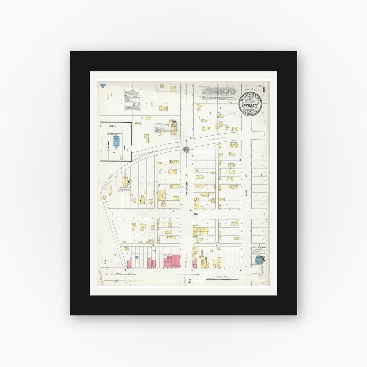 Old map wall art mockup — black gallery frame with white mat — Sanborn Fire Insurance Map from Frederic, Polk County, Wisconsin (1911) - Complete Map Set
