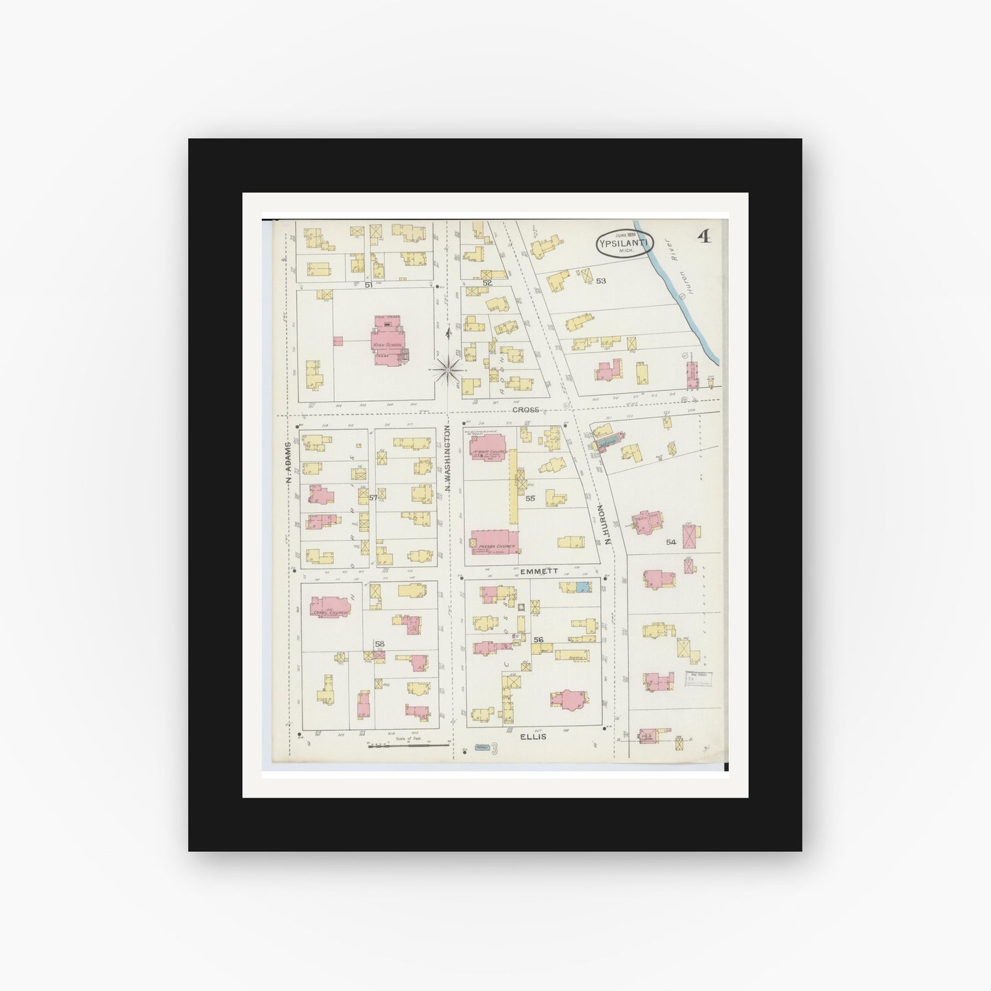 Old map wall art mockup — black gallery frame with white mat — Sanborn Fire Insurance Map from Ypsilanti, Washtenaw County, Michigan (1893), Sheet #0004