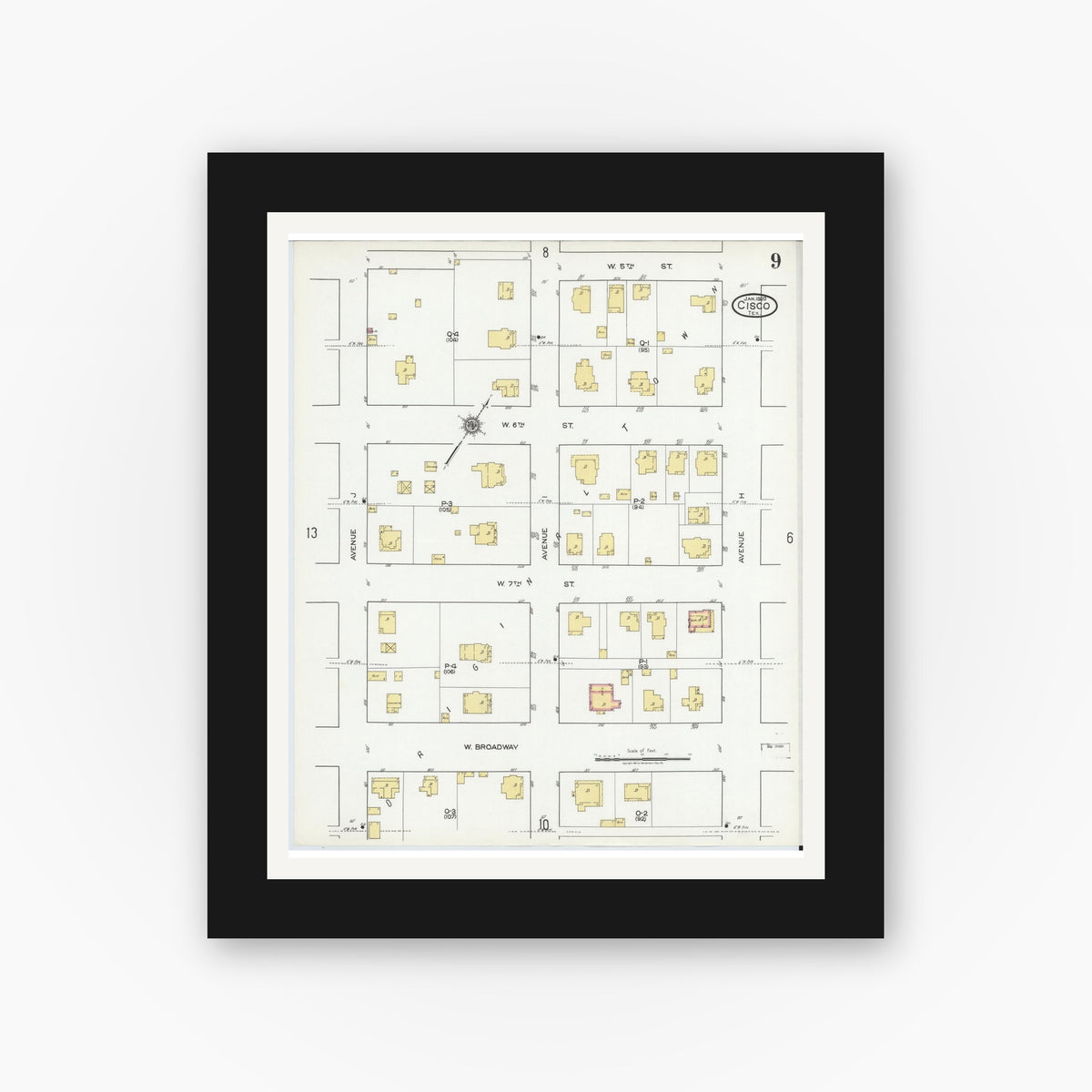 Old map wall art mockup — black gallery frame with white mat — Sanborn Fire Insurance Map from Cisco, Eastland County, Texas (1920), Sheet #0009