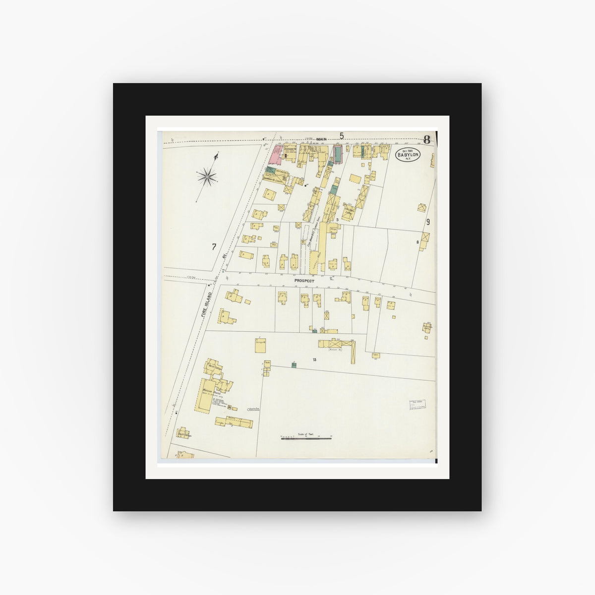 Old map wall art mockup — black gallery frame with white mat — Sanborn Fire Insurance Map from Babylon, Suffolk County, New York (1902), Sheet #0008