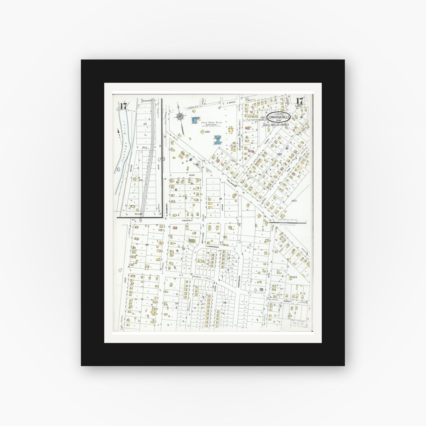 Old map wall art mockup — black gallery frame with white mat — Sanborn Fire Insurance Map from Cuyahoga Falls, Summit County, Ohio (1927), Sheet #0017