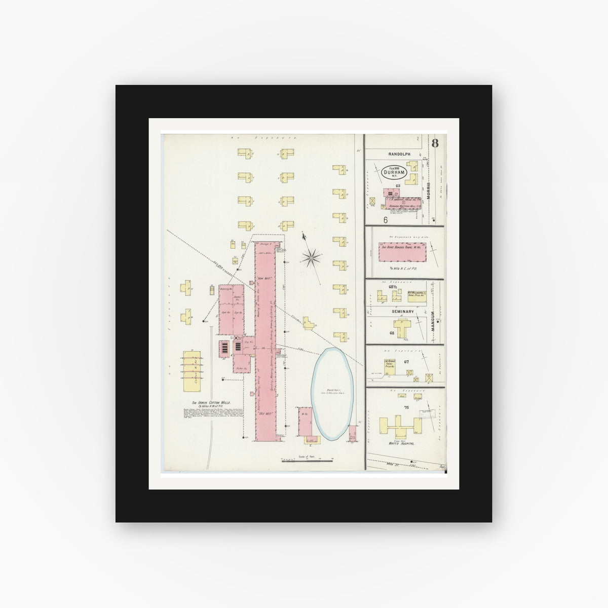 Old map wall art mockup — black gallery frame with white mat — Sanborn Fire Insurance Map from Durham, Durham County, North Carolina (1898), Sheet #0008