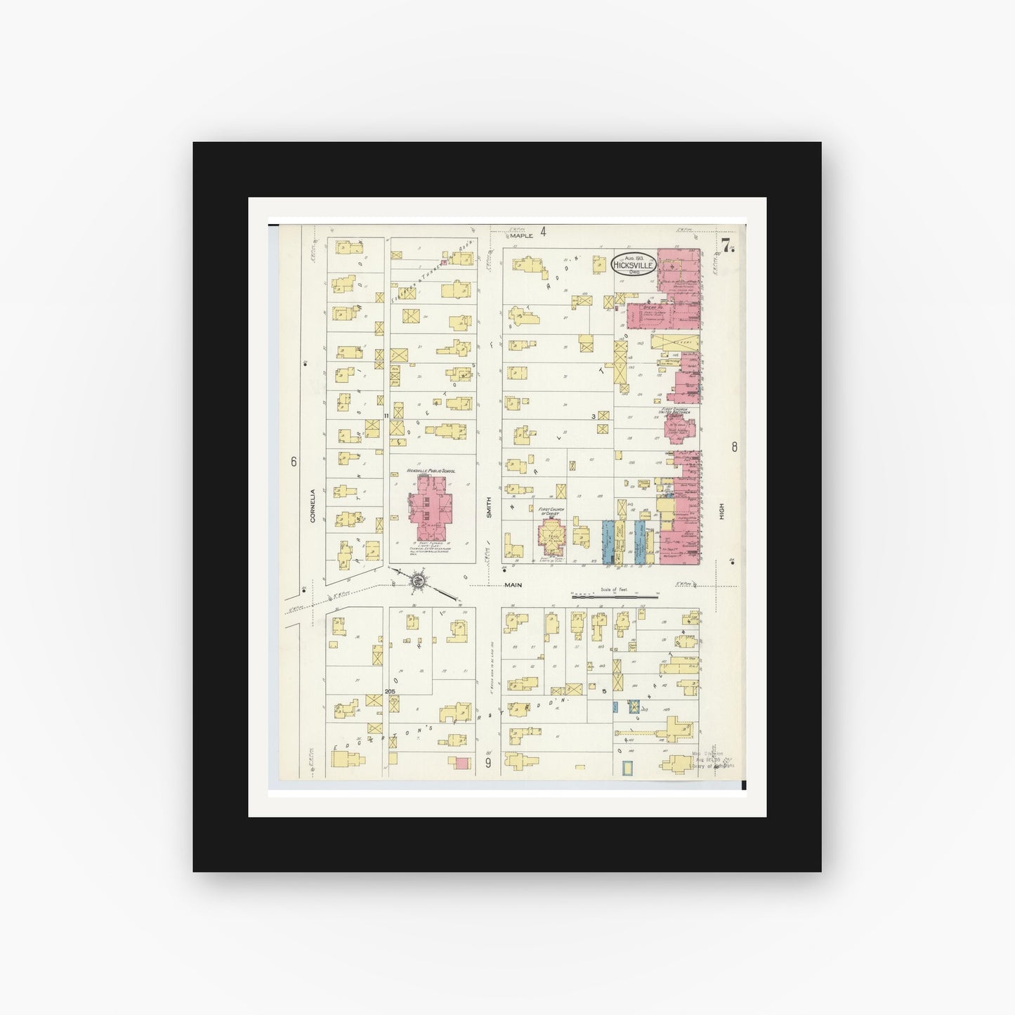 Old map wall art mockup — black gallery frame with white mat — Sanborn Fire Insurance Map from Hicksville, Defiance County, Ohio (1913), Sheet #0007