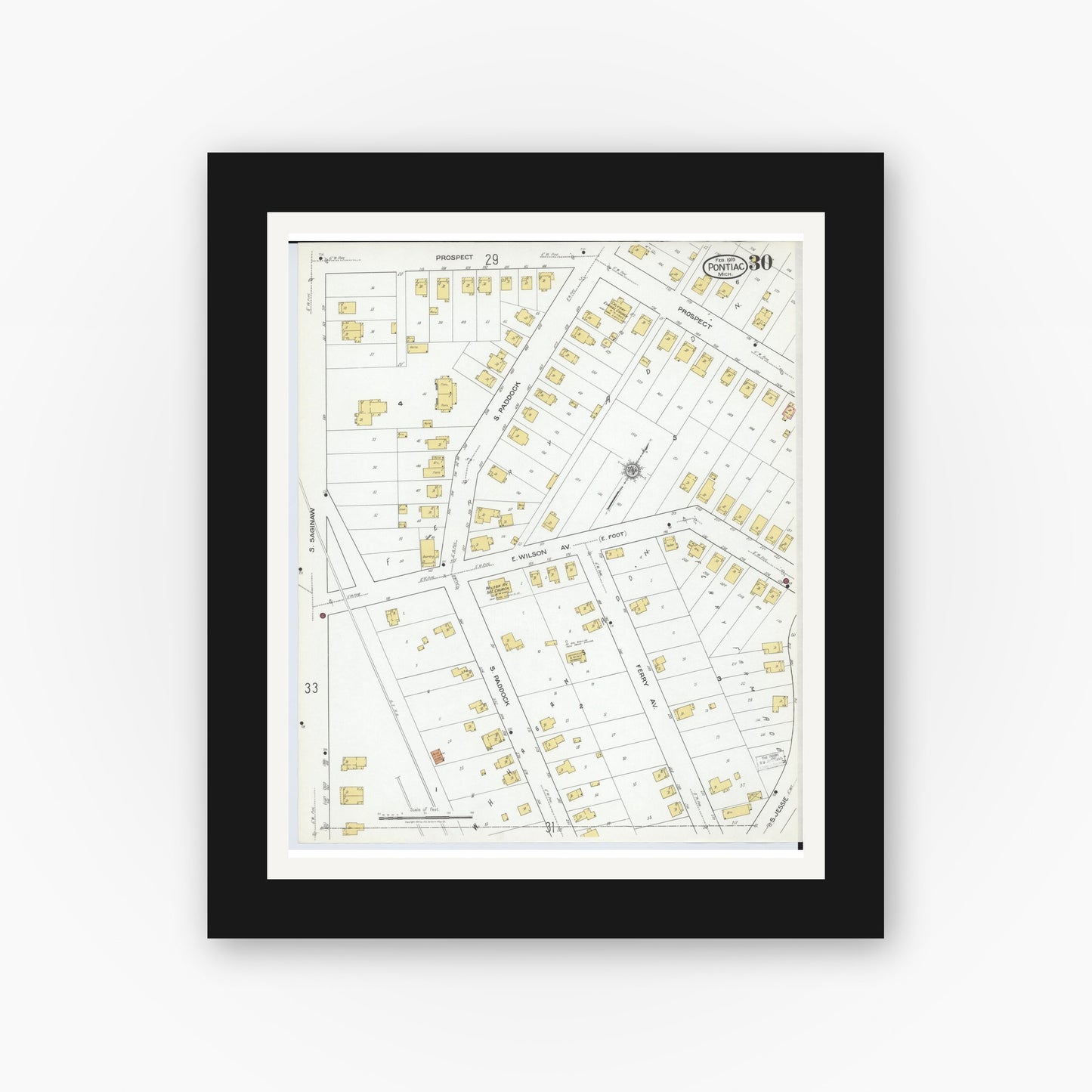 Old map wall art mockup — black gallery frame with white mat — Sanborn Fire Insurance Map from Pontiac, Oakland County, Michigan (1919), Sheet #0030