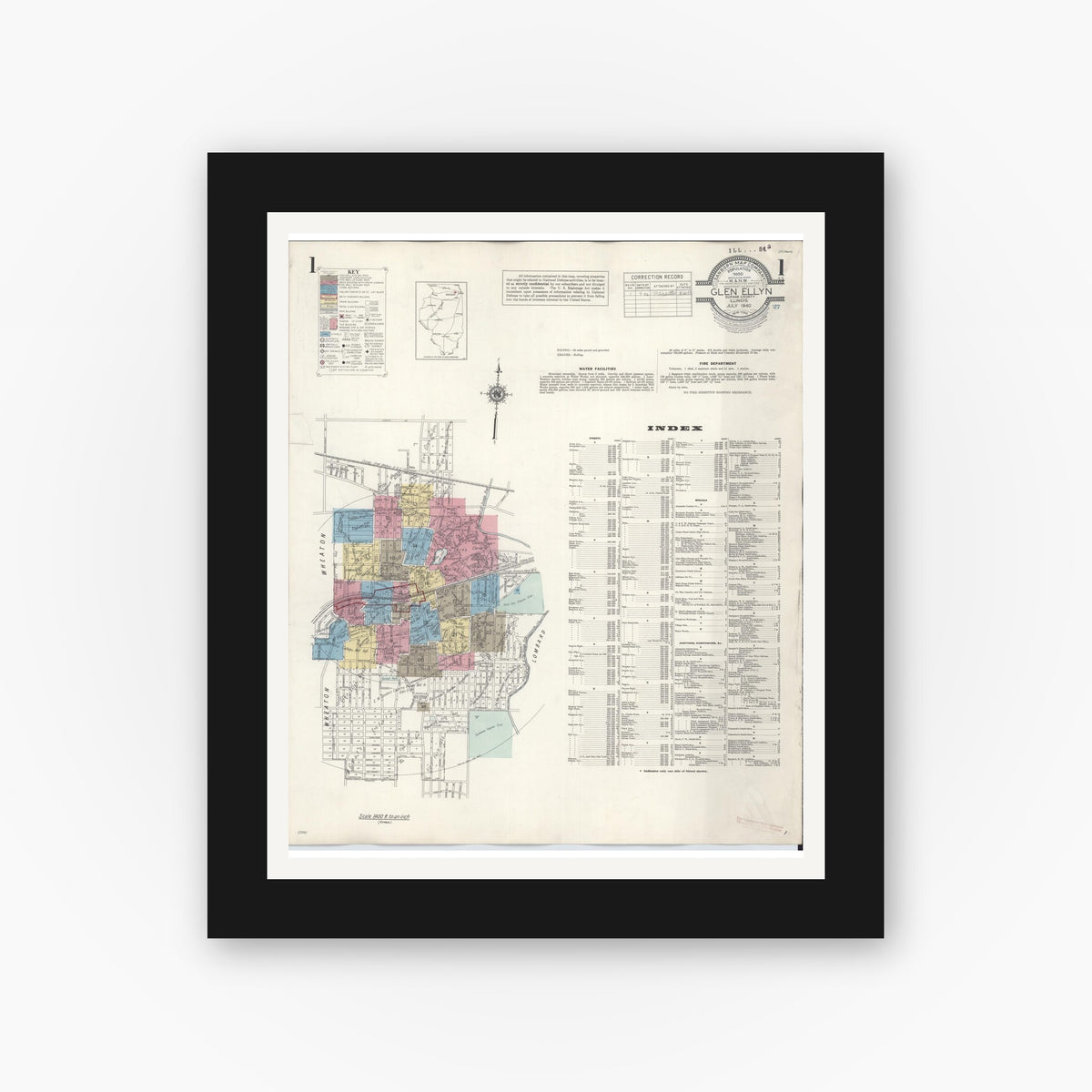 Old map wall art mockup — black gallery frame with white mat — Sanborn Fire Insurance Map from Glen Ellyn, Du Page County, Illinois (1946) - Complete Map Set
