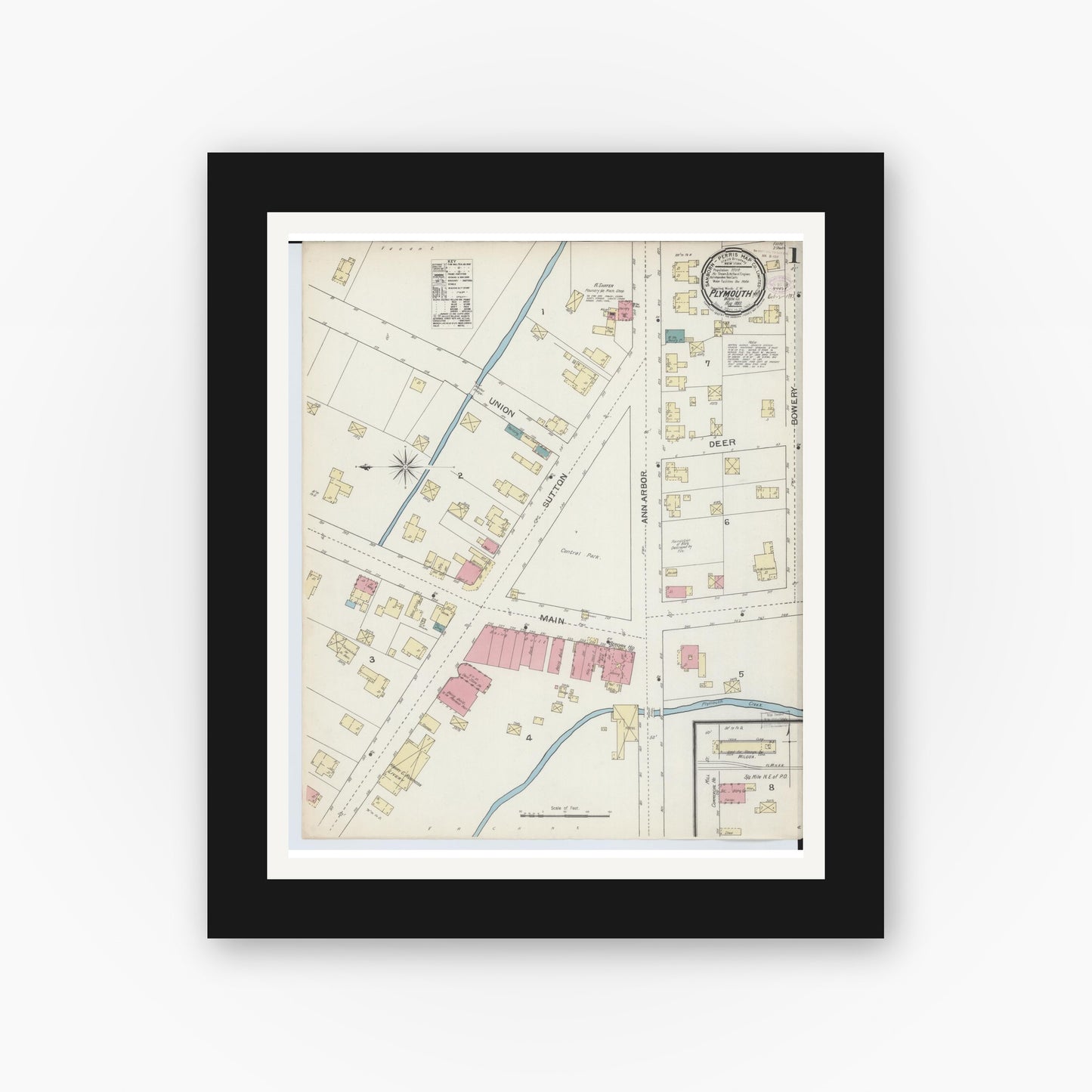 Old map wall art mockup — black gallery frame with white mat — Sanborn Fire Insurance Map from Plymouth, Wayne County, Michigan (1893) - Complete Map Set