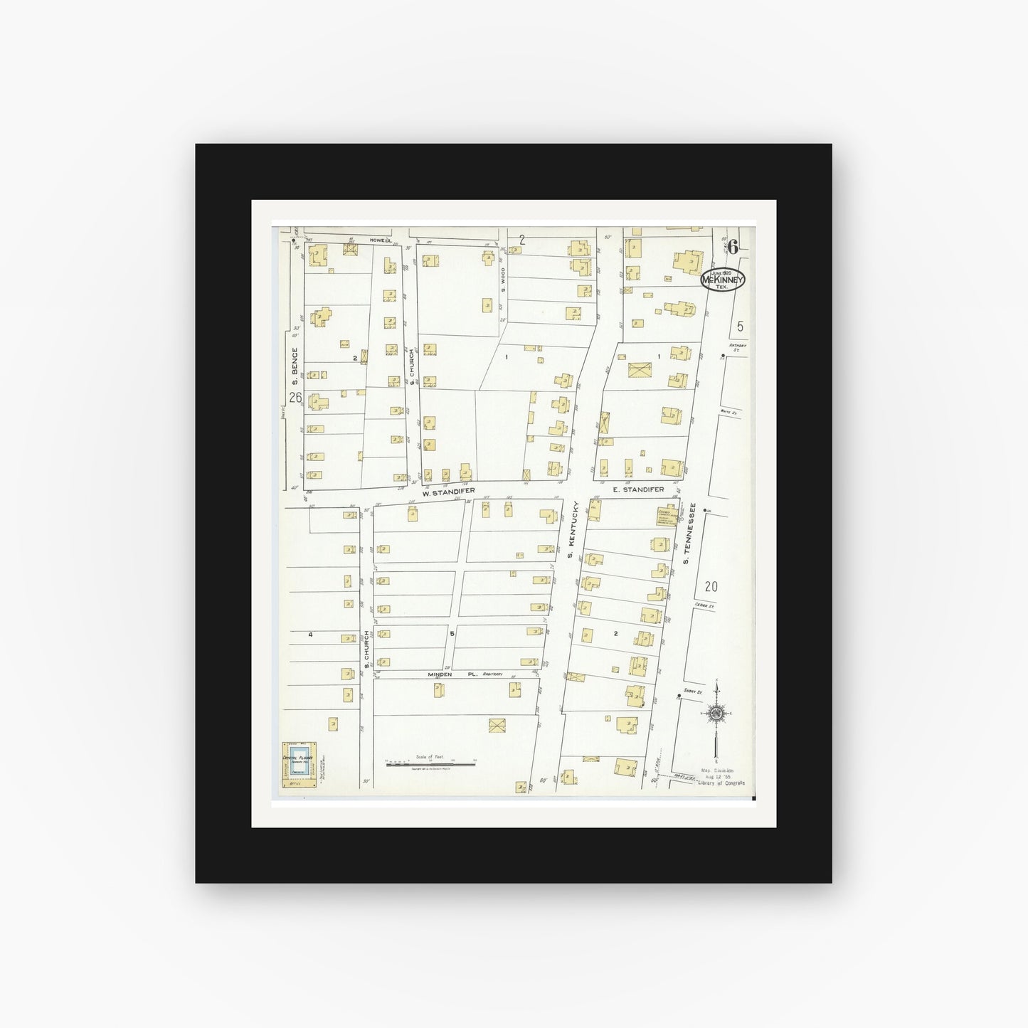Old map wall art mockup — black gallery frame with white mat — Sanborn Fire Insurance Map from McKinney, Collin County, Texas (1920), Sheet #0006