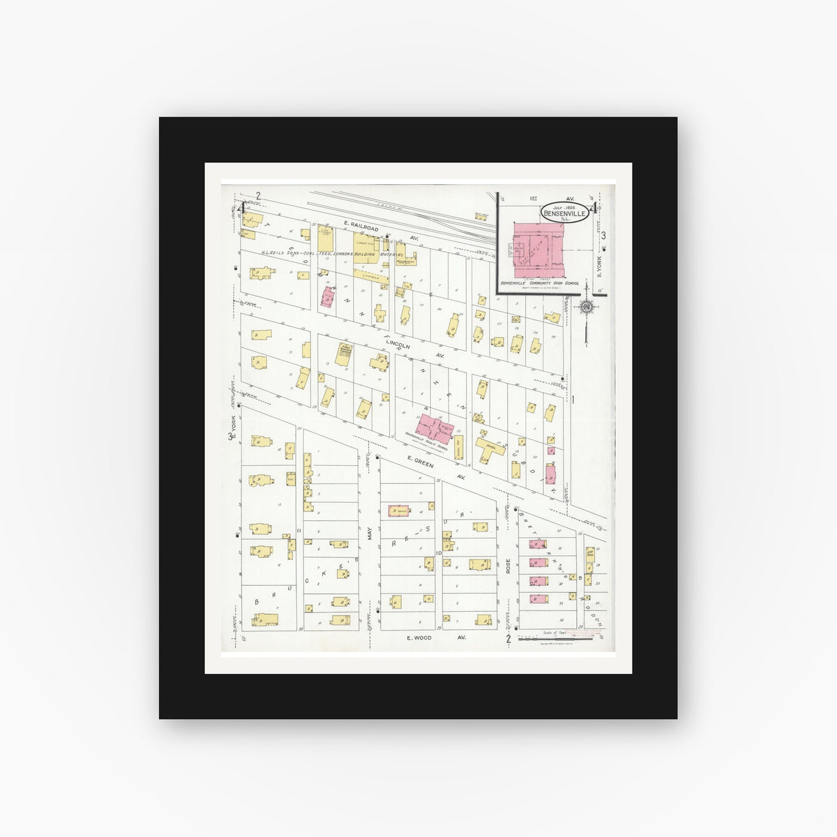 Old map wall art mockup — black gallery frame with white mat — Sanborn Fire Insurance Map from Bensenville, Dupage County, Illinois (1926), Sheet #0004