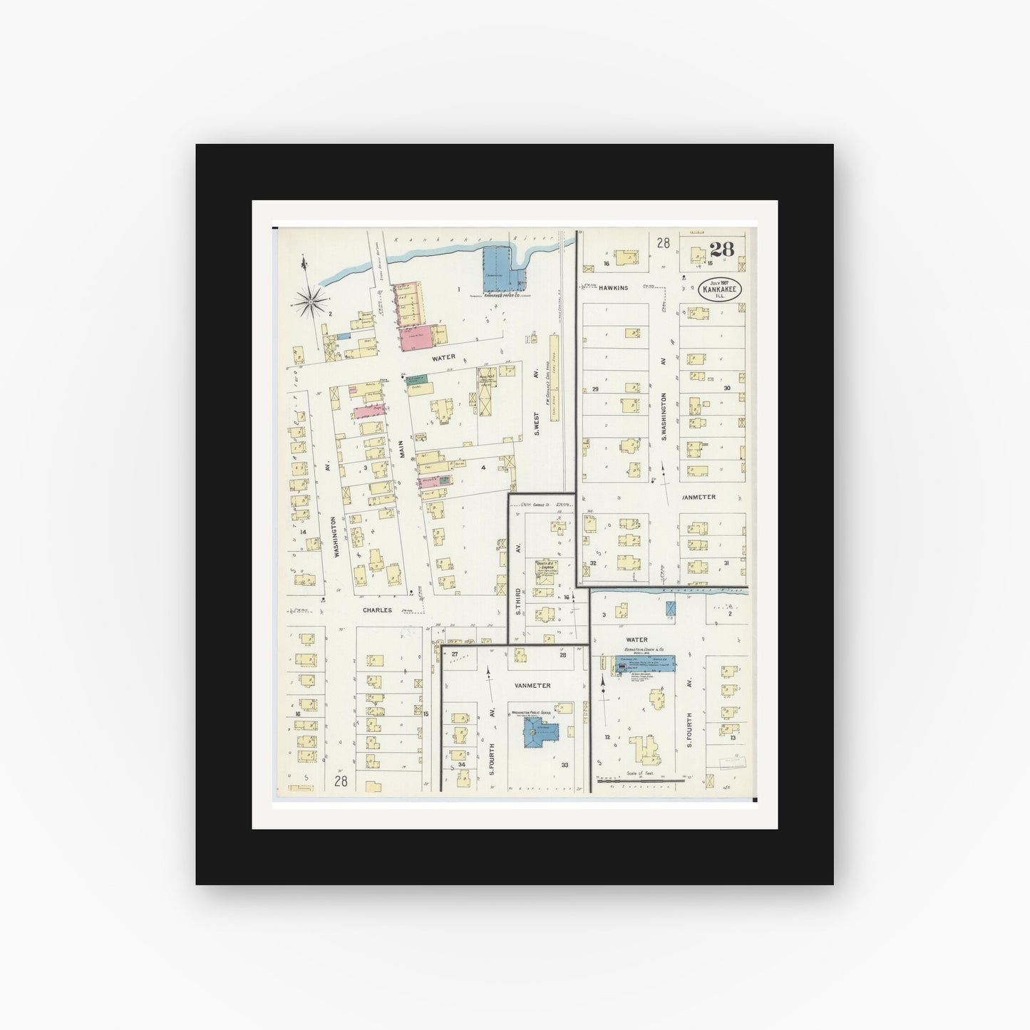 Old map wall art mockup — black gallery frame with white mat — Sanborn Fire Insurance Map from Kankakee, Kankakee County, Illinois (1907), Sheet #0028