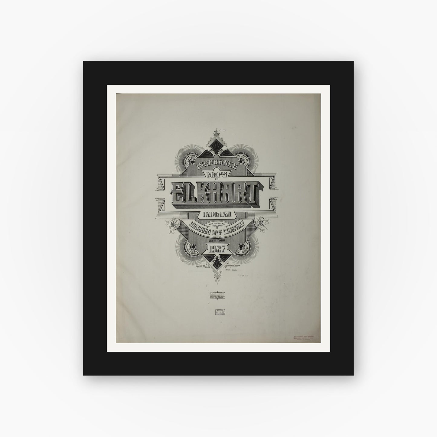 Old map wall art mockup — black gallery frame with white mat — Sanborn Fire Insurance Map from Elkhart, Elkhart County, Indiana (1927), Sheet #0001