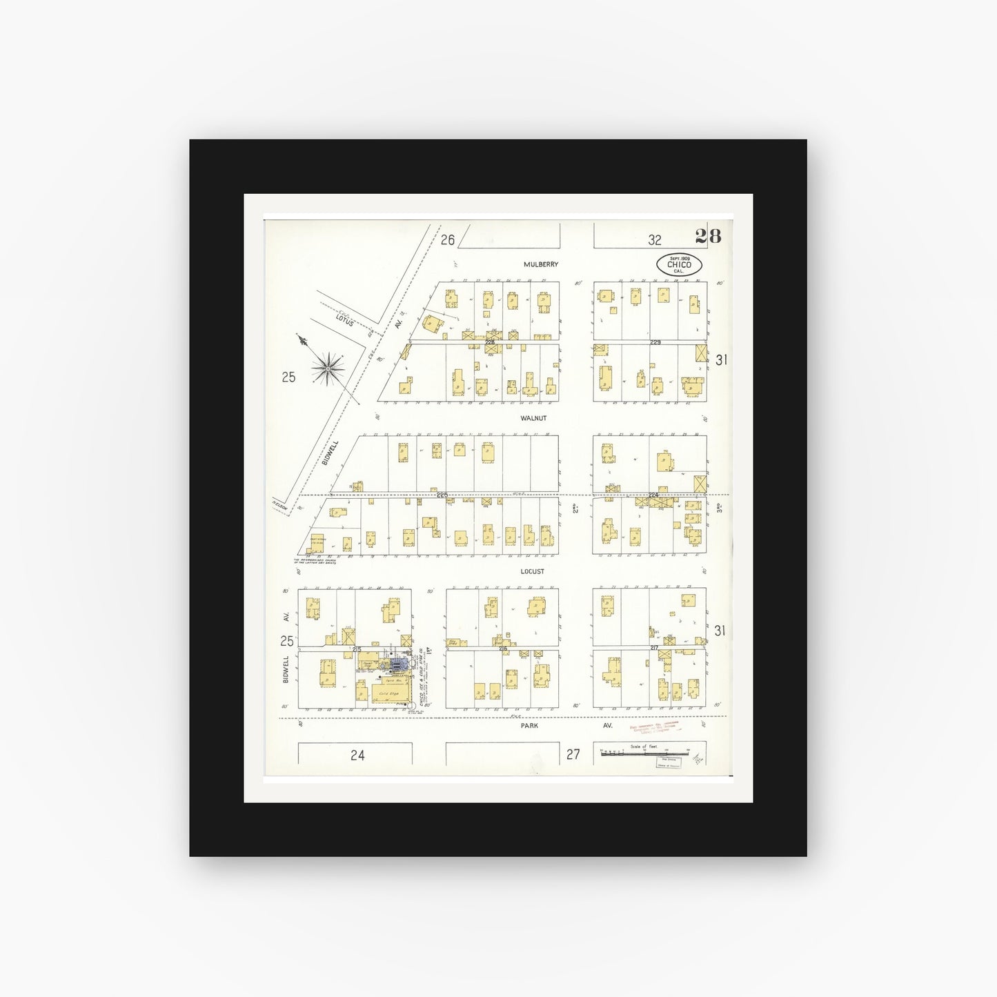 Old map wall art mockup — black gallery frame with white mat — Sanborn Fire Insurance Map from Chico, Butte County, California (1909), Sheet #0028