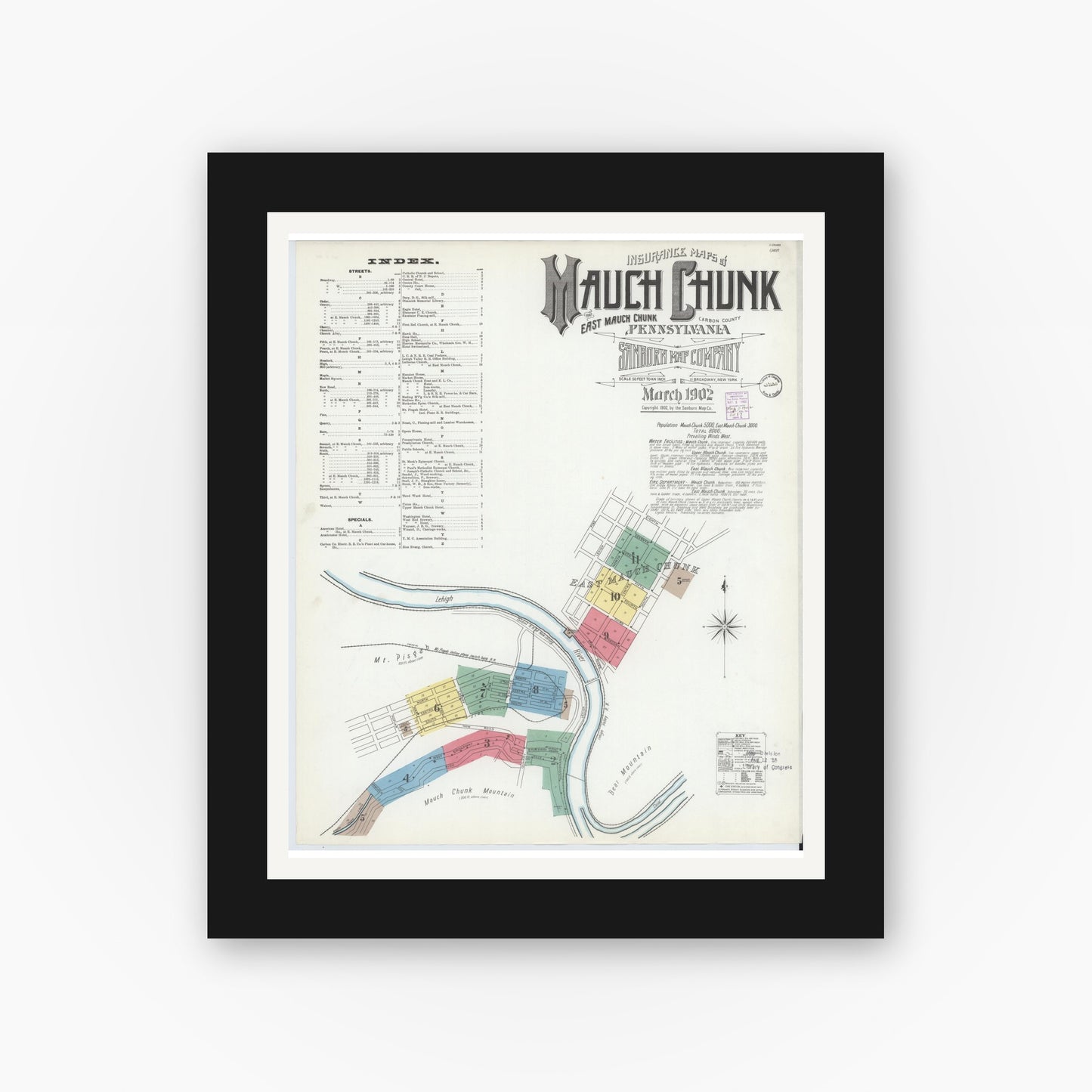 Old map wall art mockup — black gallery frame with white mat — Sanborn Fire Insurance Map from Mauch Chunk, Carbon County, Pennsylvania (1902), Sheet #0001